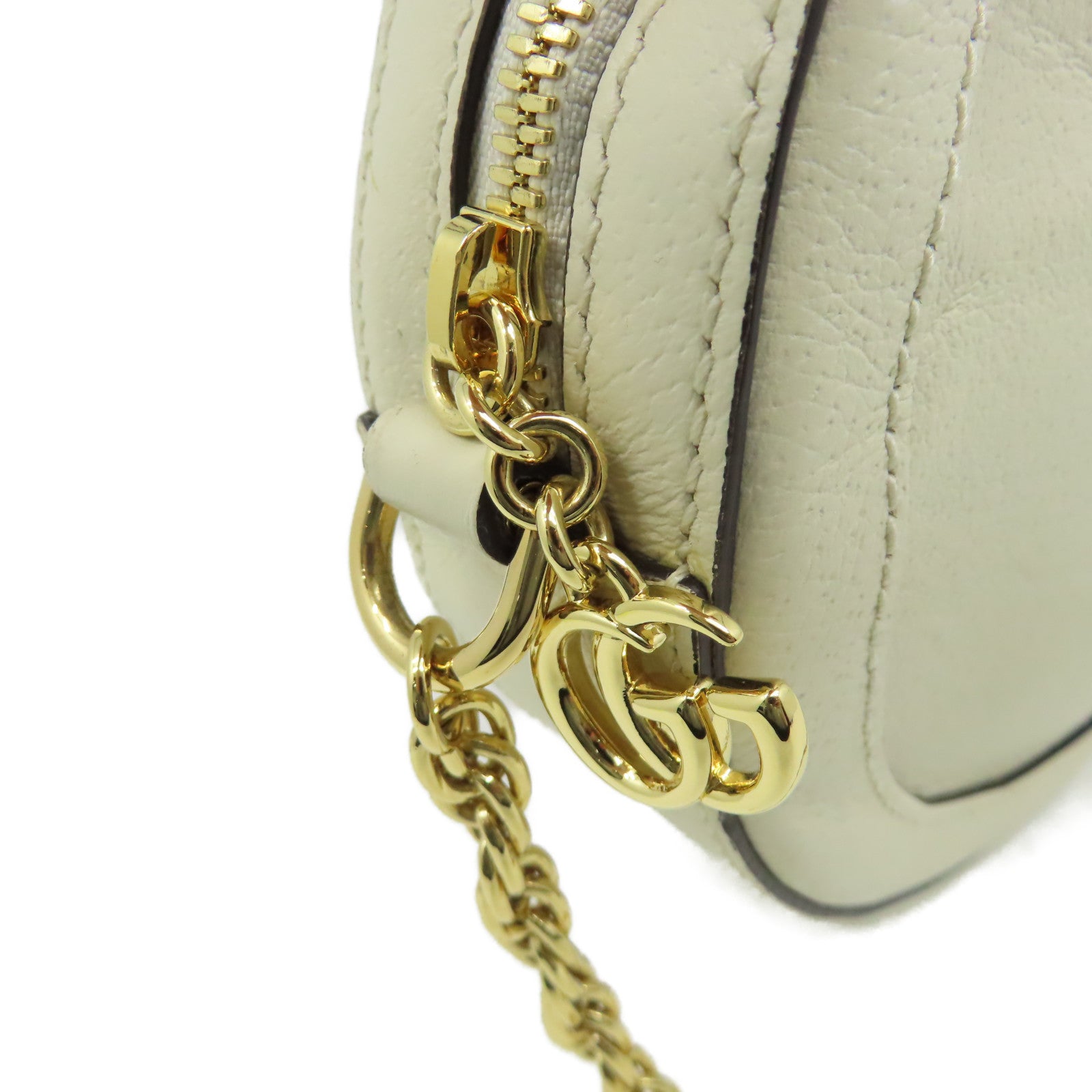 GUCCI 牛皮皮革Ophidia GG Round Shoulder Bag金扣鏈帶肩背袋米白色