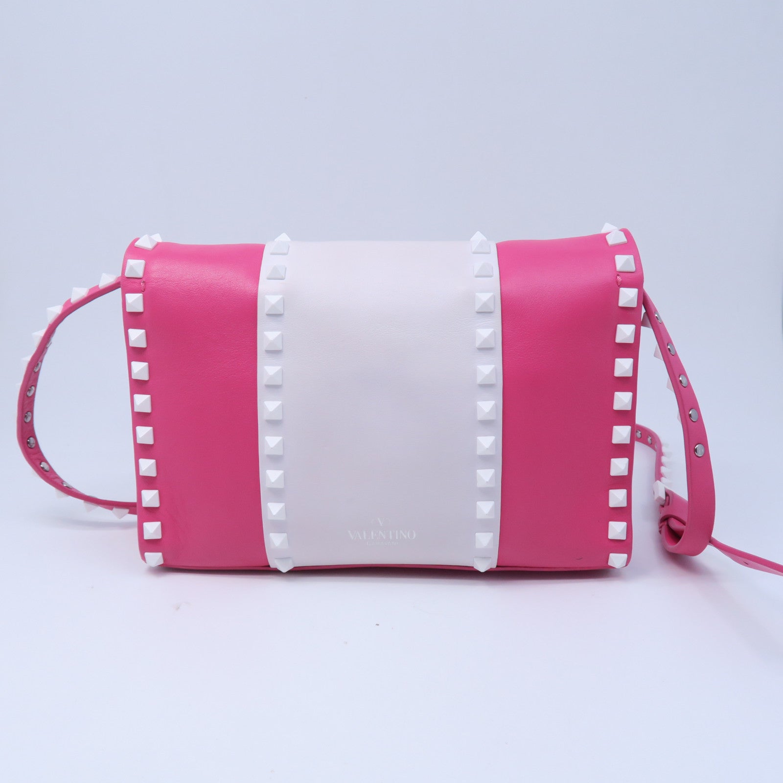 Valentino 牛皮皮革Rockstud Shoulder Bag銀扣肩背袋粉紅色/白色