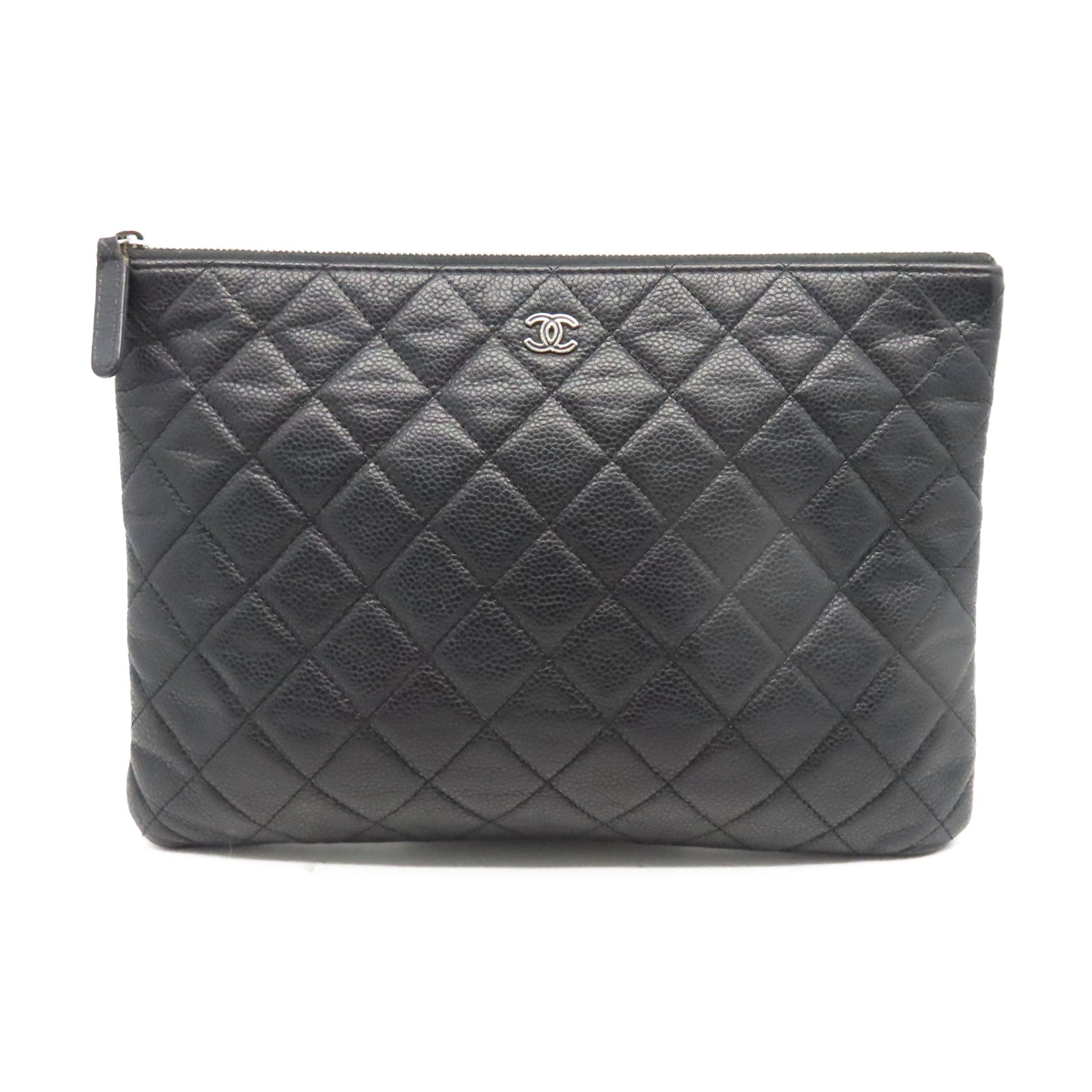CHANEL 菱格Caviar皮革Classic Pouch銀扣手拿包黑色