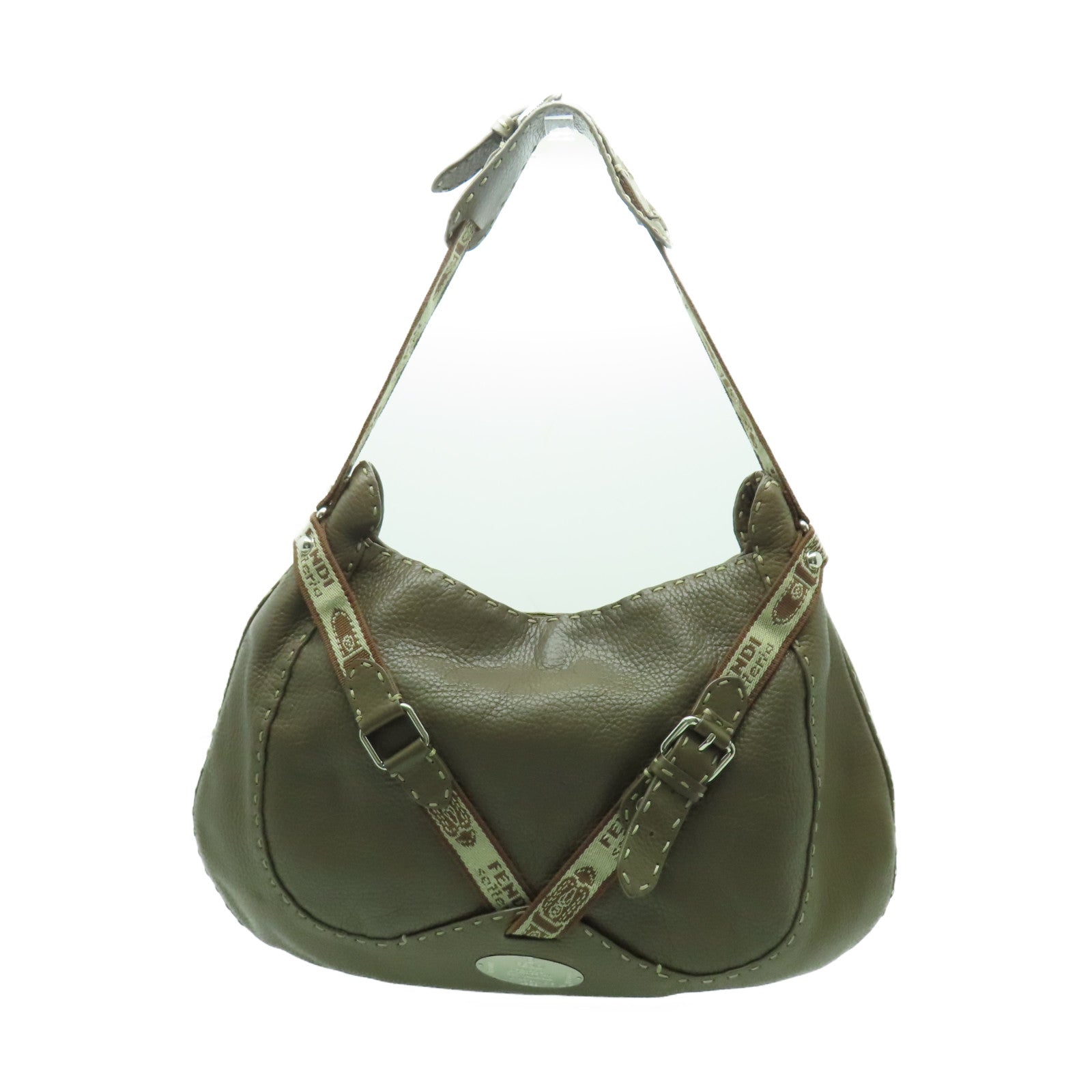 FENDI 牛皮皮革Selleria Hobo銀扣肩背袋啡色