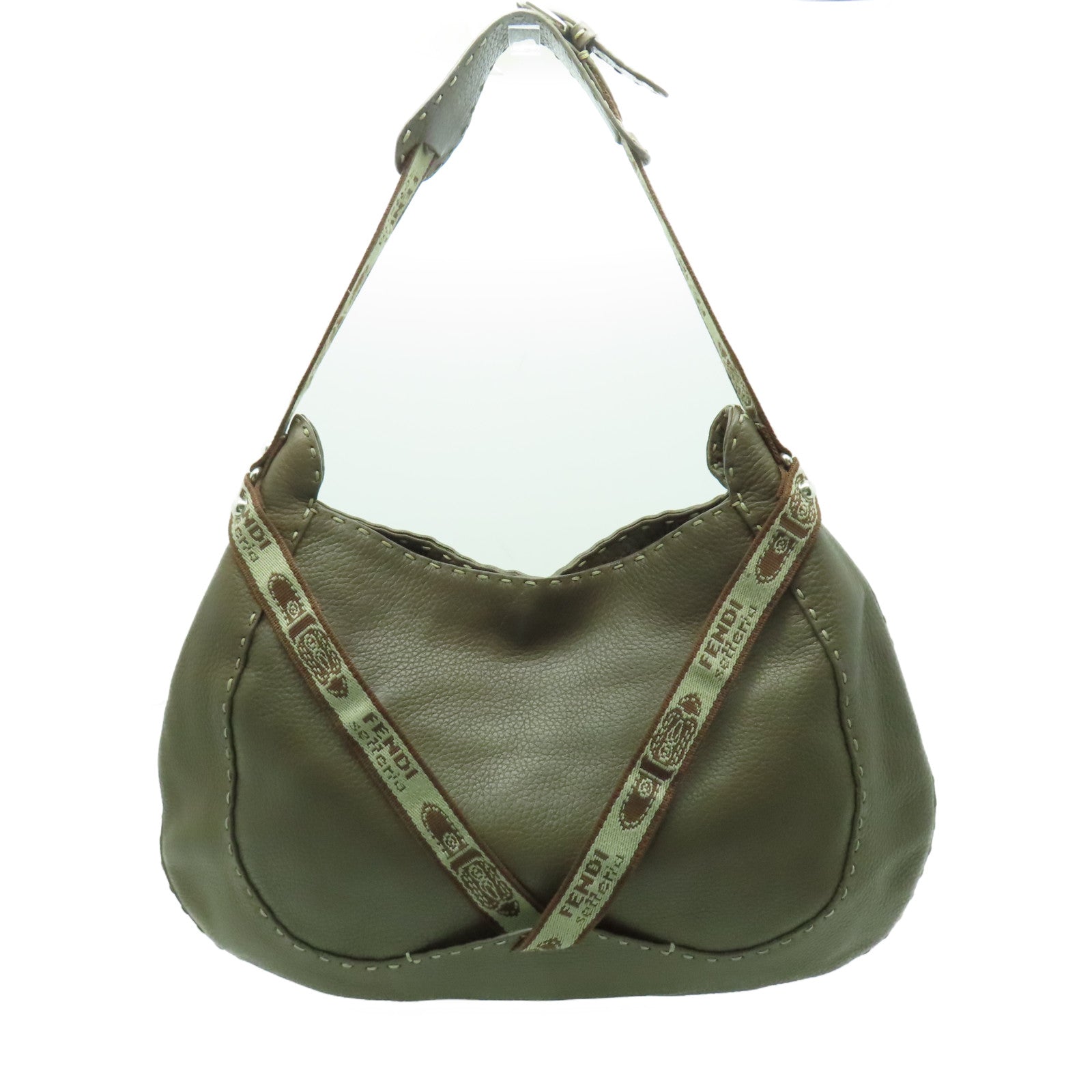 FENDI 牛皮皮革Selleria Hobo銀扣肩背袋啡色