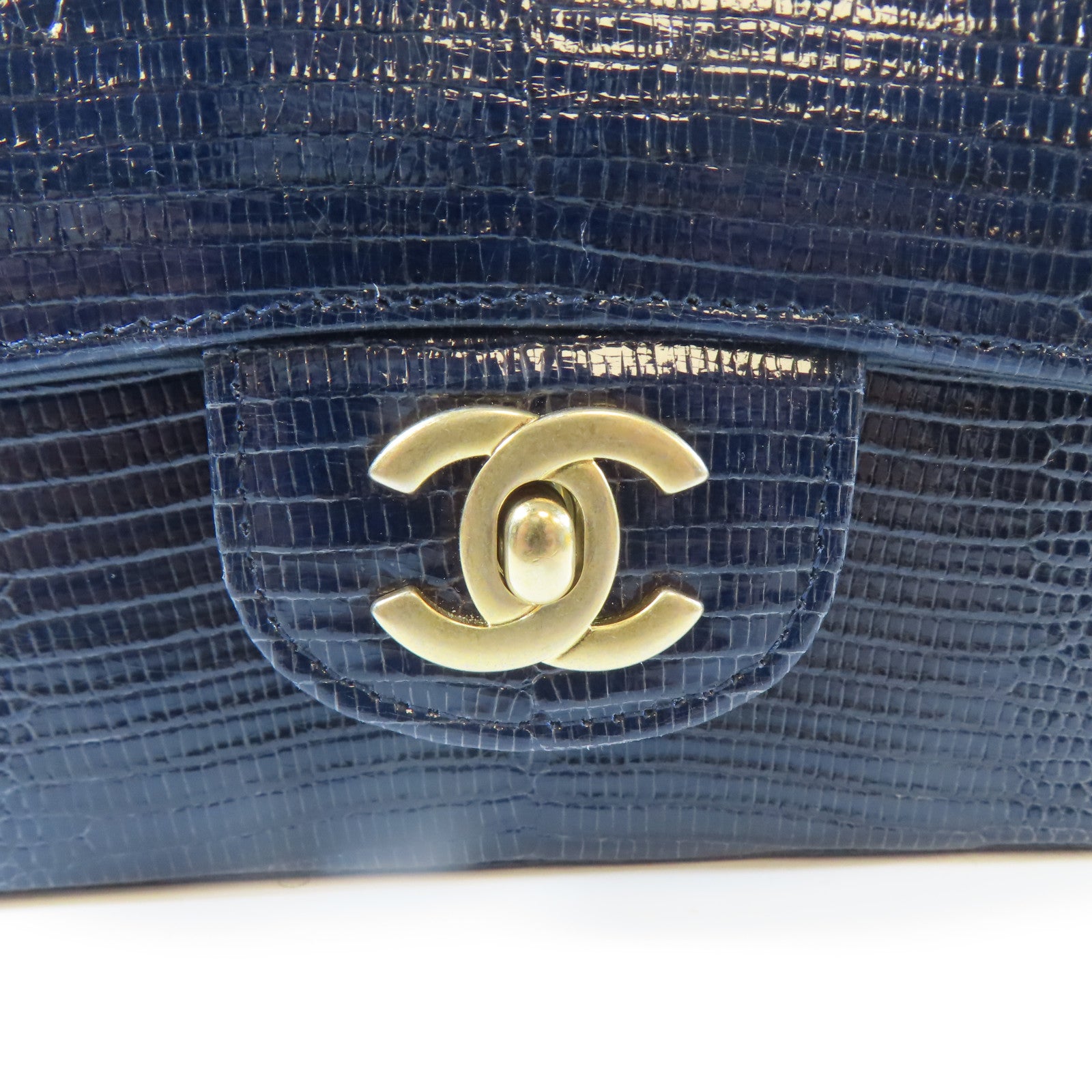 CHANEL 蜥蝪皮革Chain Shoulder金扣鏈帶肩背袋藍色