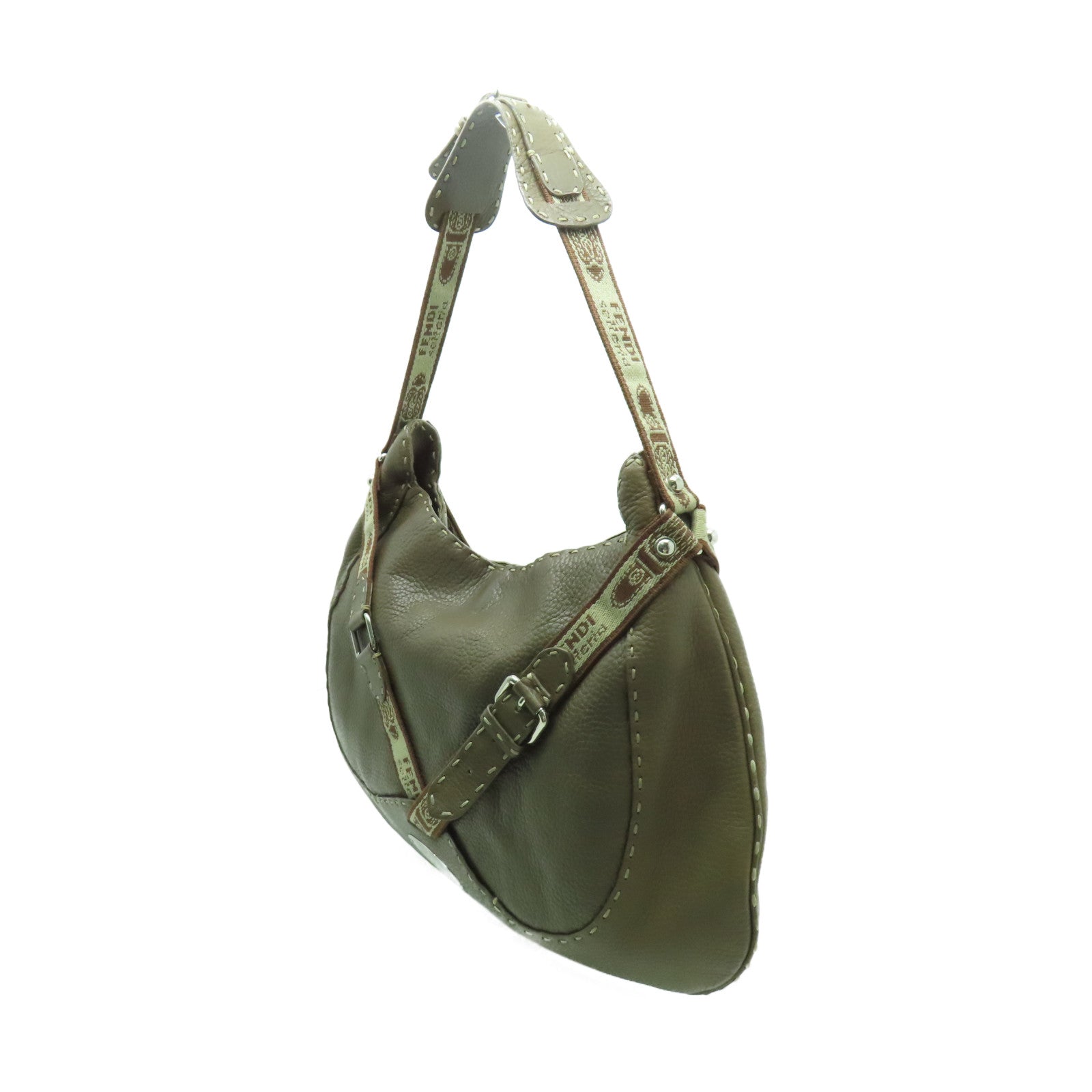 FENDI 牛皮皮革Selleria Hobo銀扣肩背袋啡色