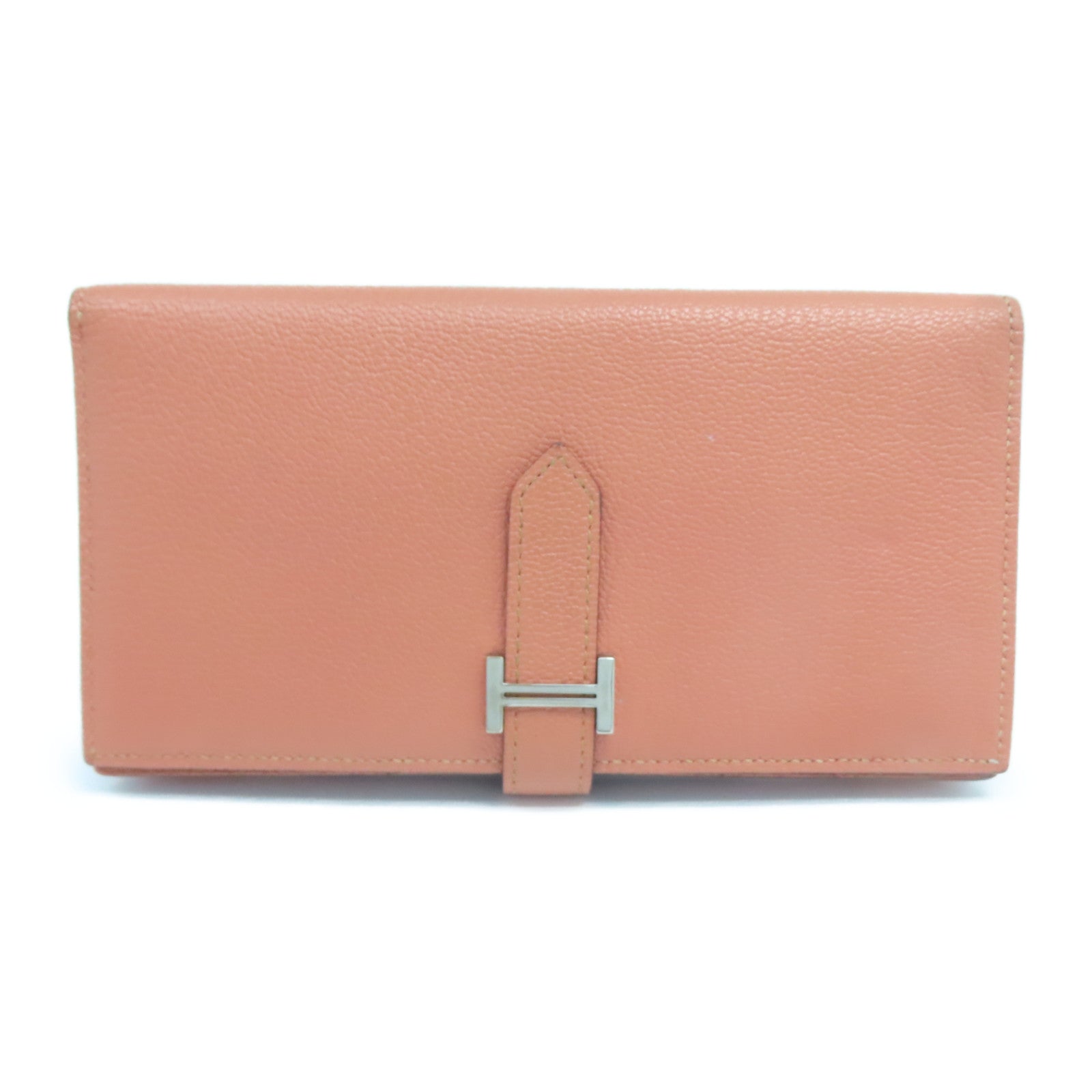 HERMES Chevre皮革Bearn Wallet銀扣長錢包粉紅色