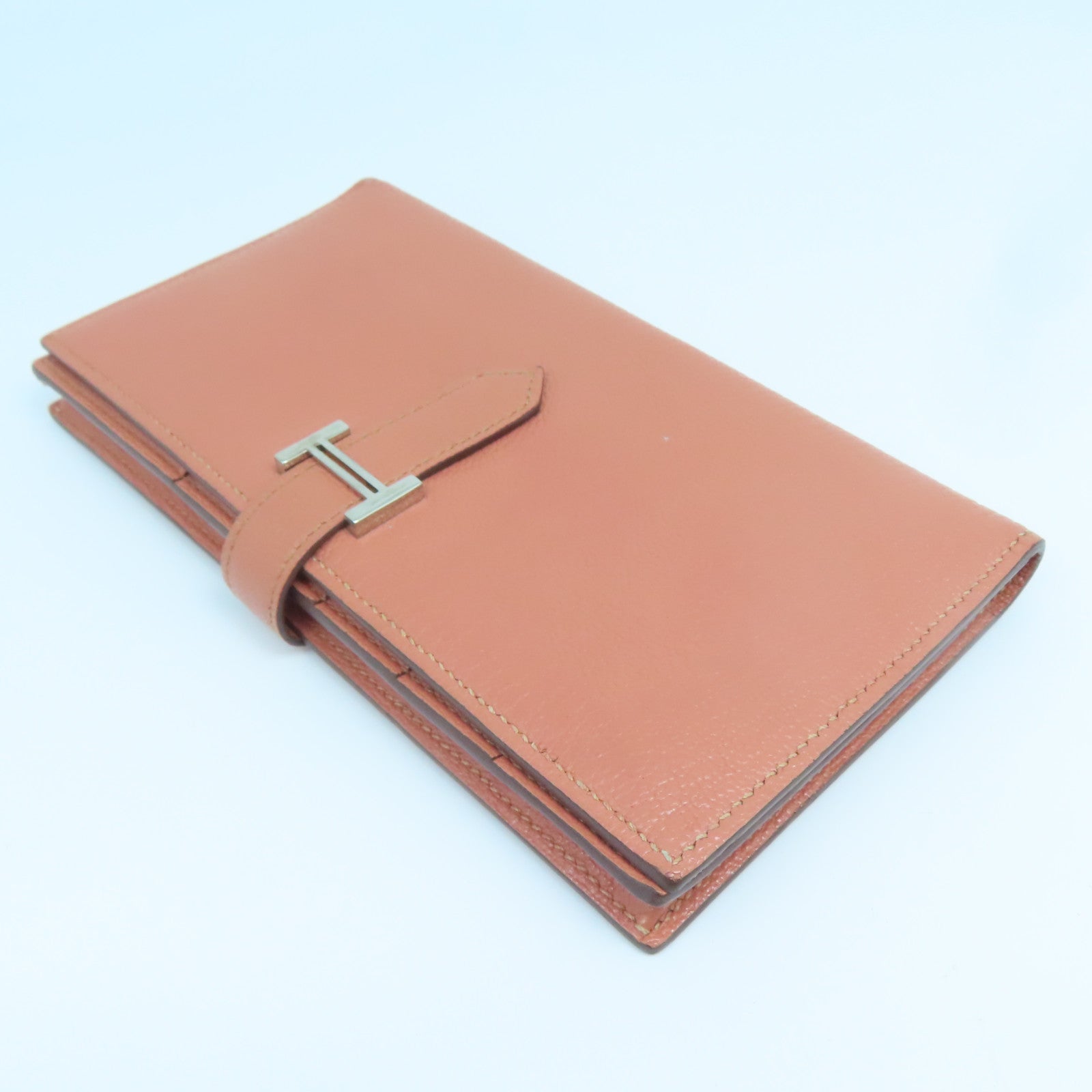 HERMES Chevre皮革Bearn Wallet銀扣長錢包粉紅色