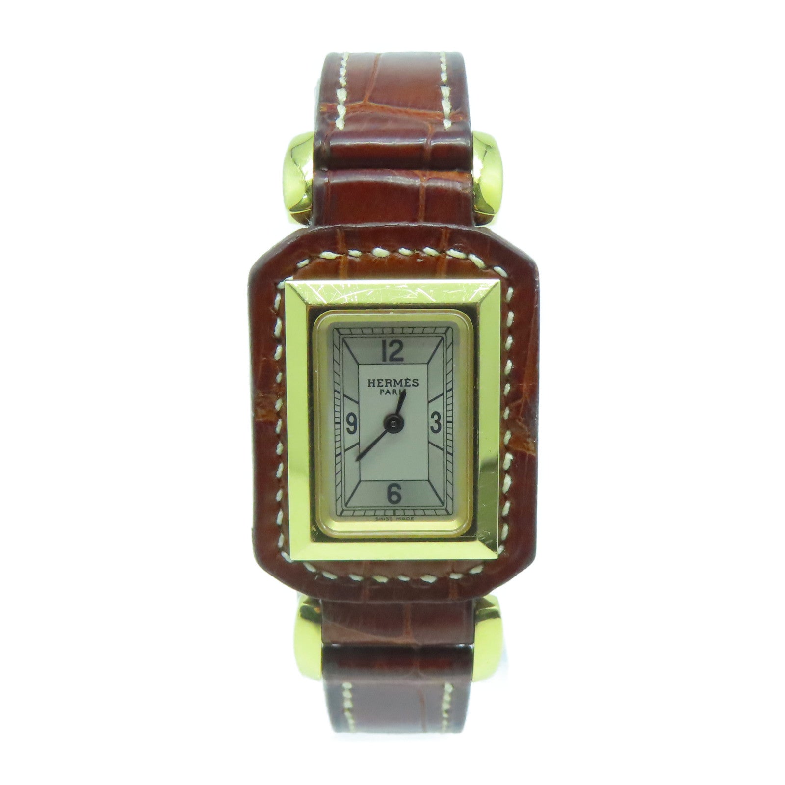 HERMES Alligator皮革/不鏽鋼Hanteville Watch金扣手錶石英機芯啡色