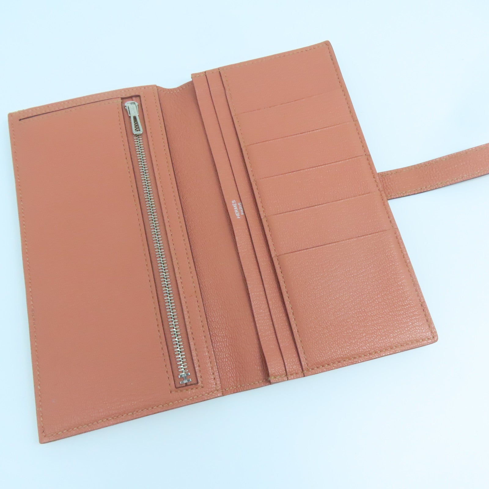 HERMES Chevre皮革Bearn Wallet銀扣長錢包粉紅色