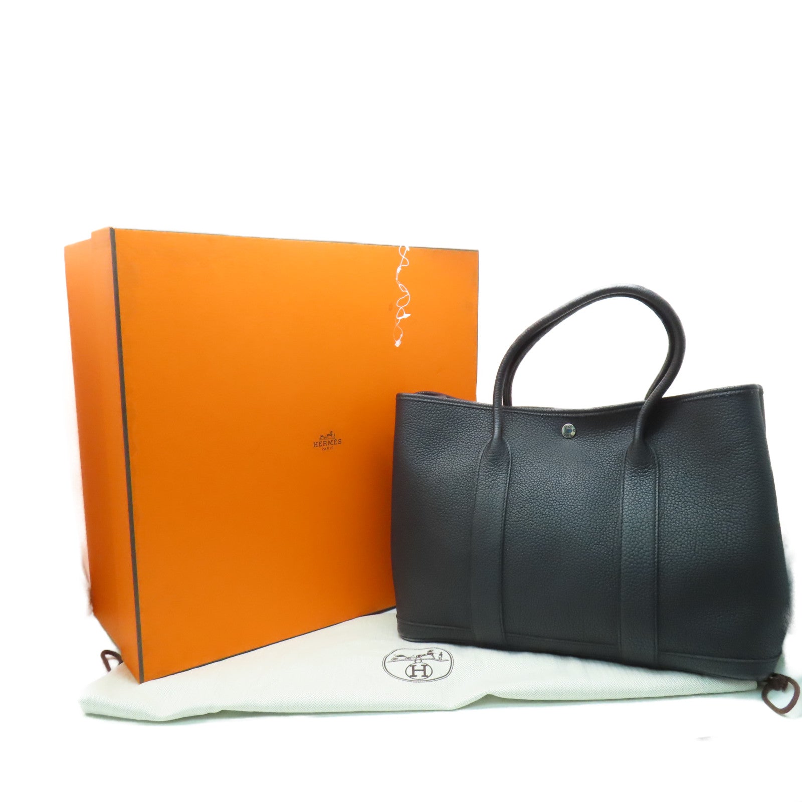 HERMES Negonda皮革GardenParty PM銀扣手挽袋Noir黑色