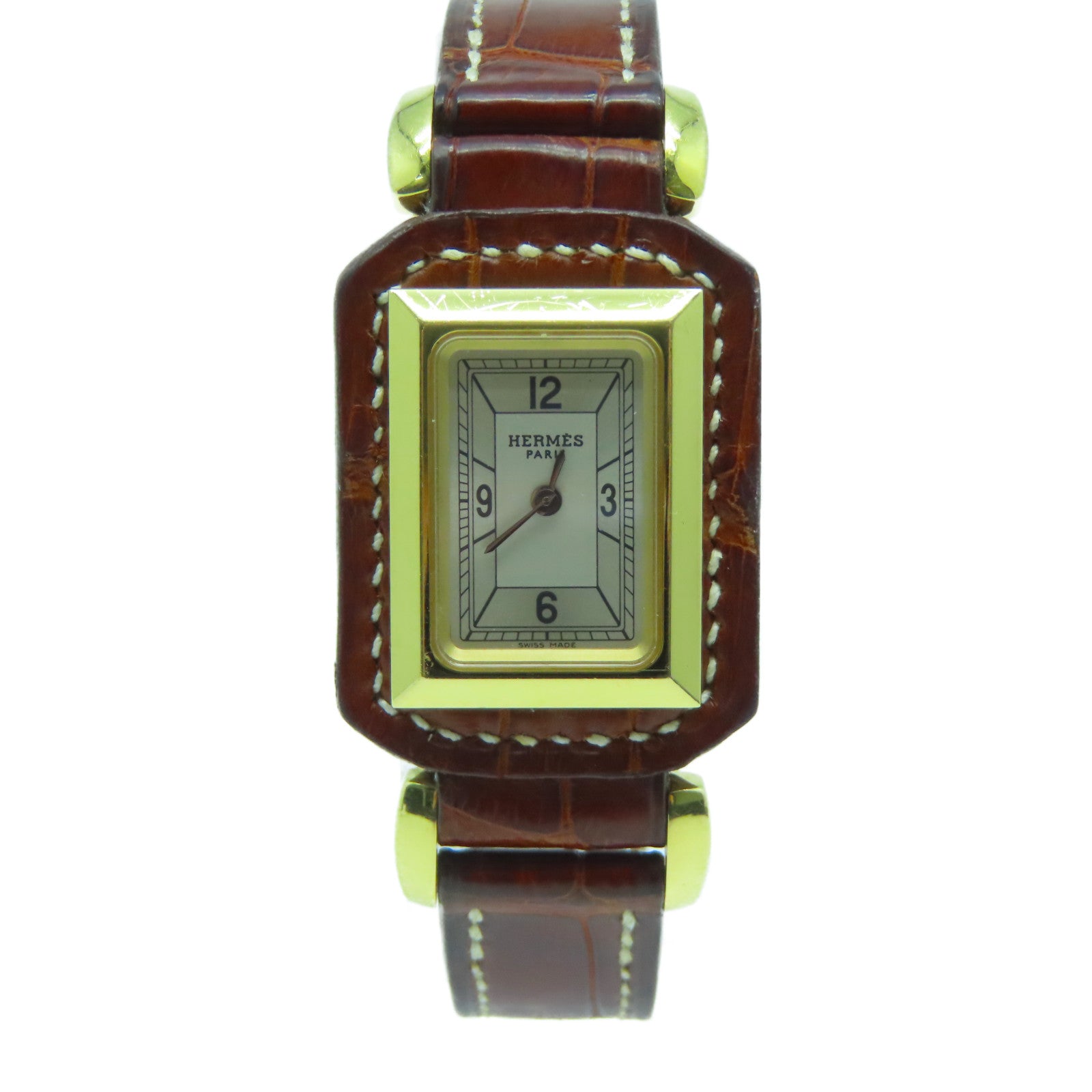 HERMES Alligator皮革/不鏽鋼Hanteville Watch金扣手錶石英機芯啡色