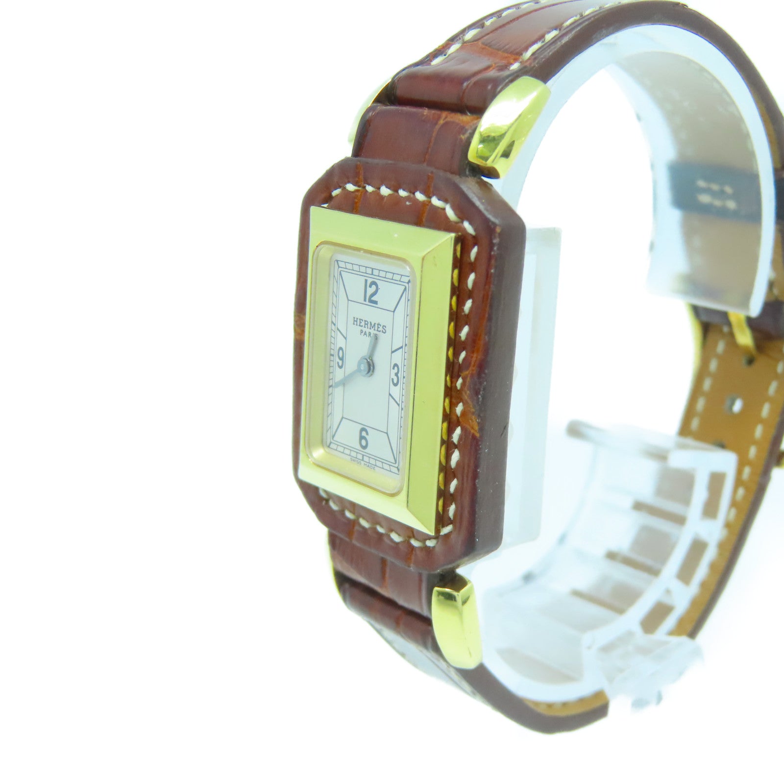 HERMES Alligator皮革/不鏽鋼Hanteville Watch金扣手錶石英機芯啡色