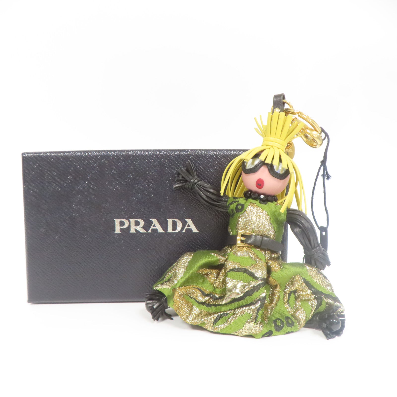 PRADA 羊皮皮革/布料Jasmine Doll Key Charm金扣鎖匙扣綠色/黃色/黑色
