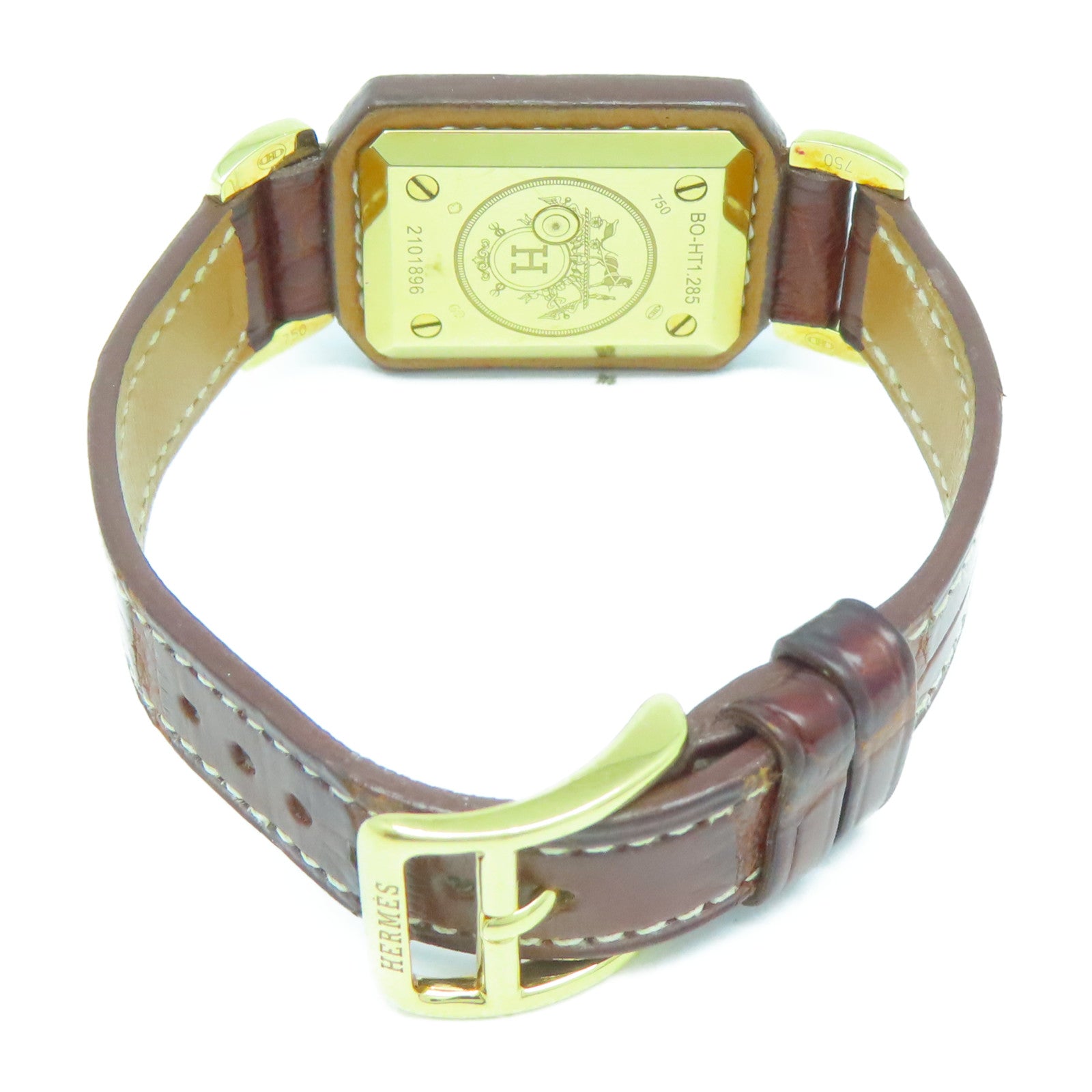 HERMES Alligator皮革/不鏽鋼Hanteville Watch金扣手錶石英機芯啡色