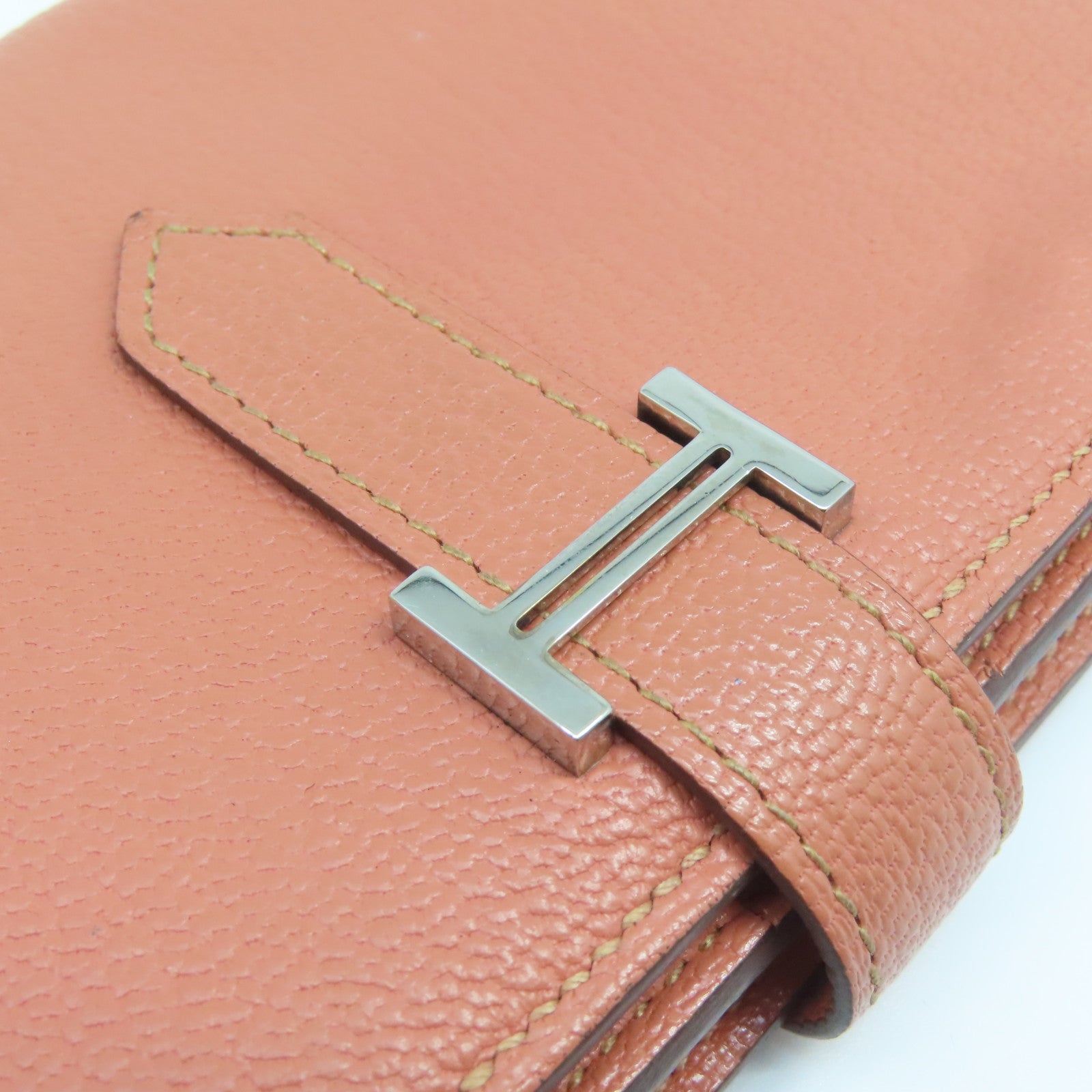 HERMES Chevre皮革Bearn Wallet銀扣長錢包粉紅色