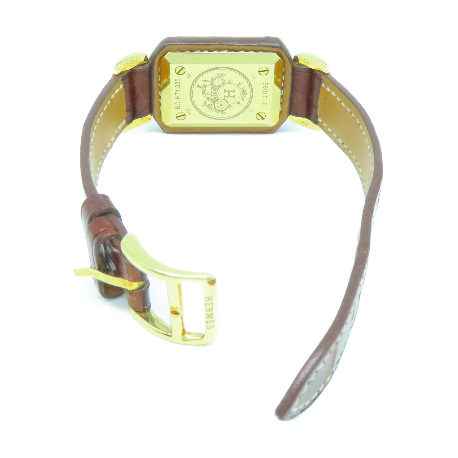 HERMES Alligator皮革/不鏽鋼Hanteville Watch金扣手錶石英機芯啡色