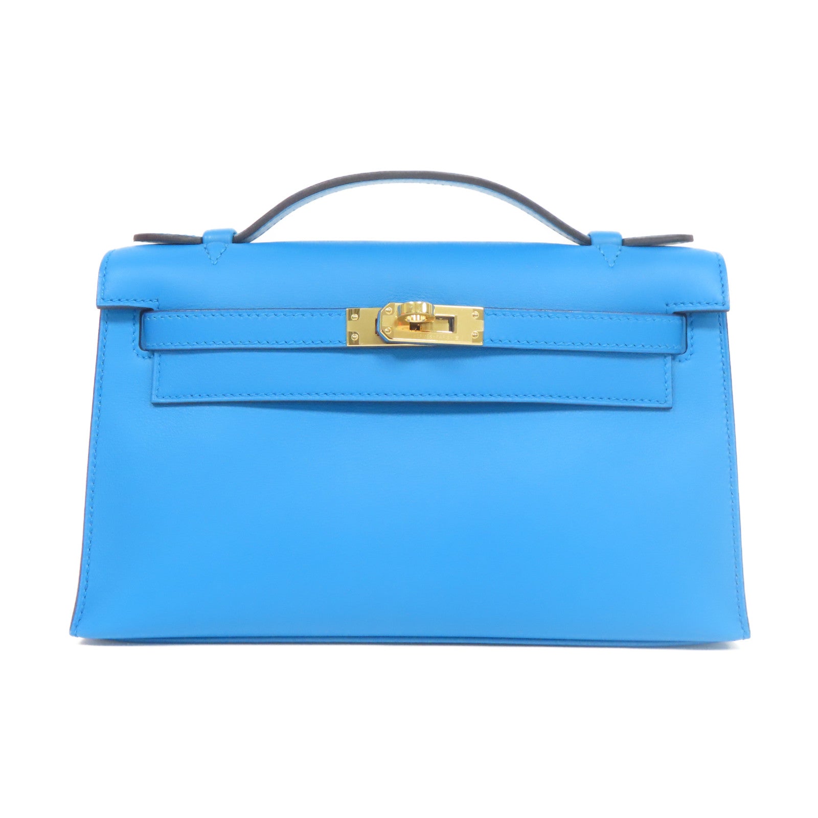 HERMES Veau Swift皮革Kelly Pochette金扣手挽袋藍色