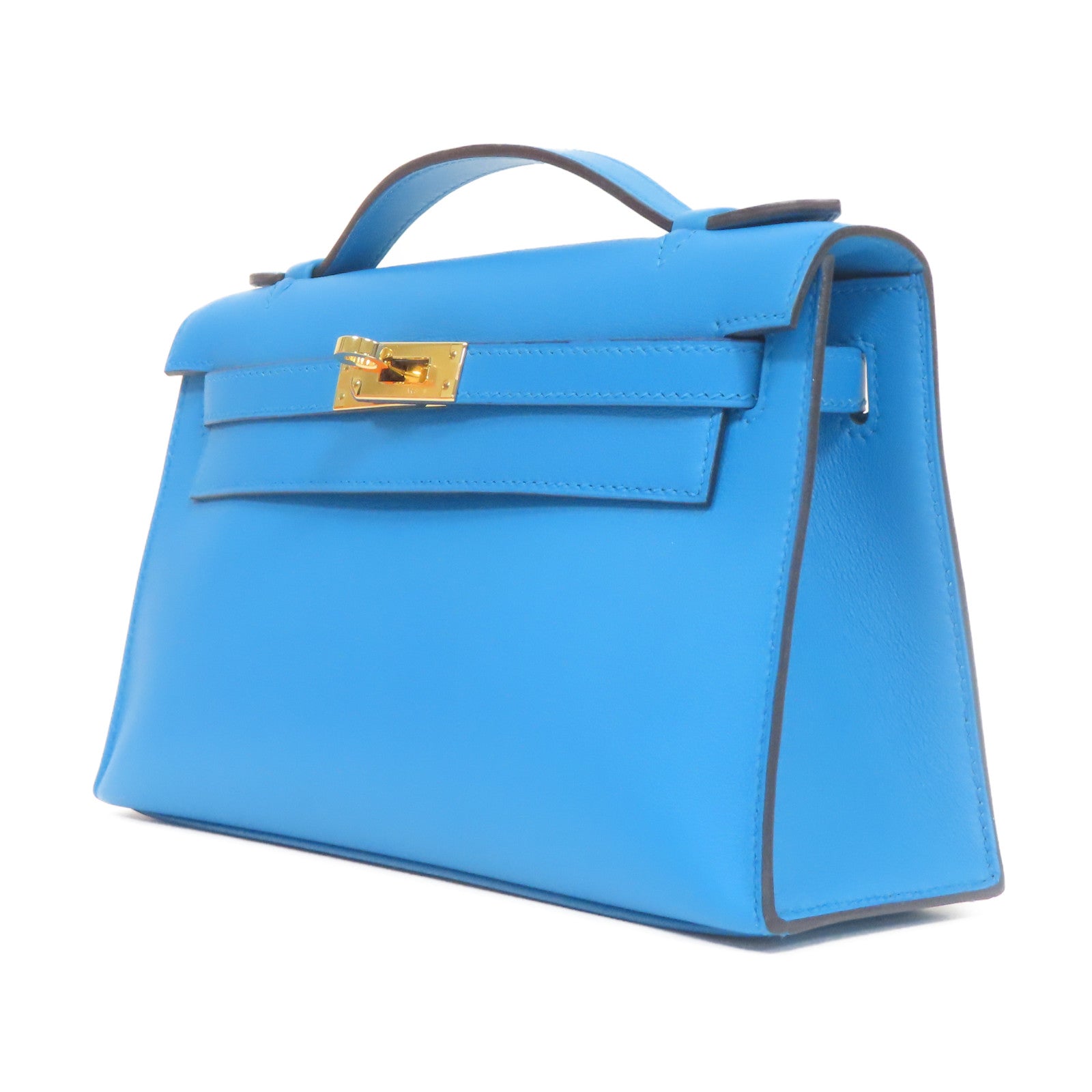 HERMES Veau Swift皮革Kelly Pochette金扣手挽袋藍色