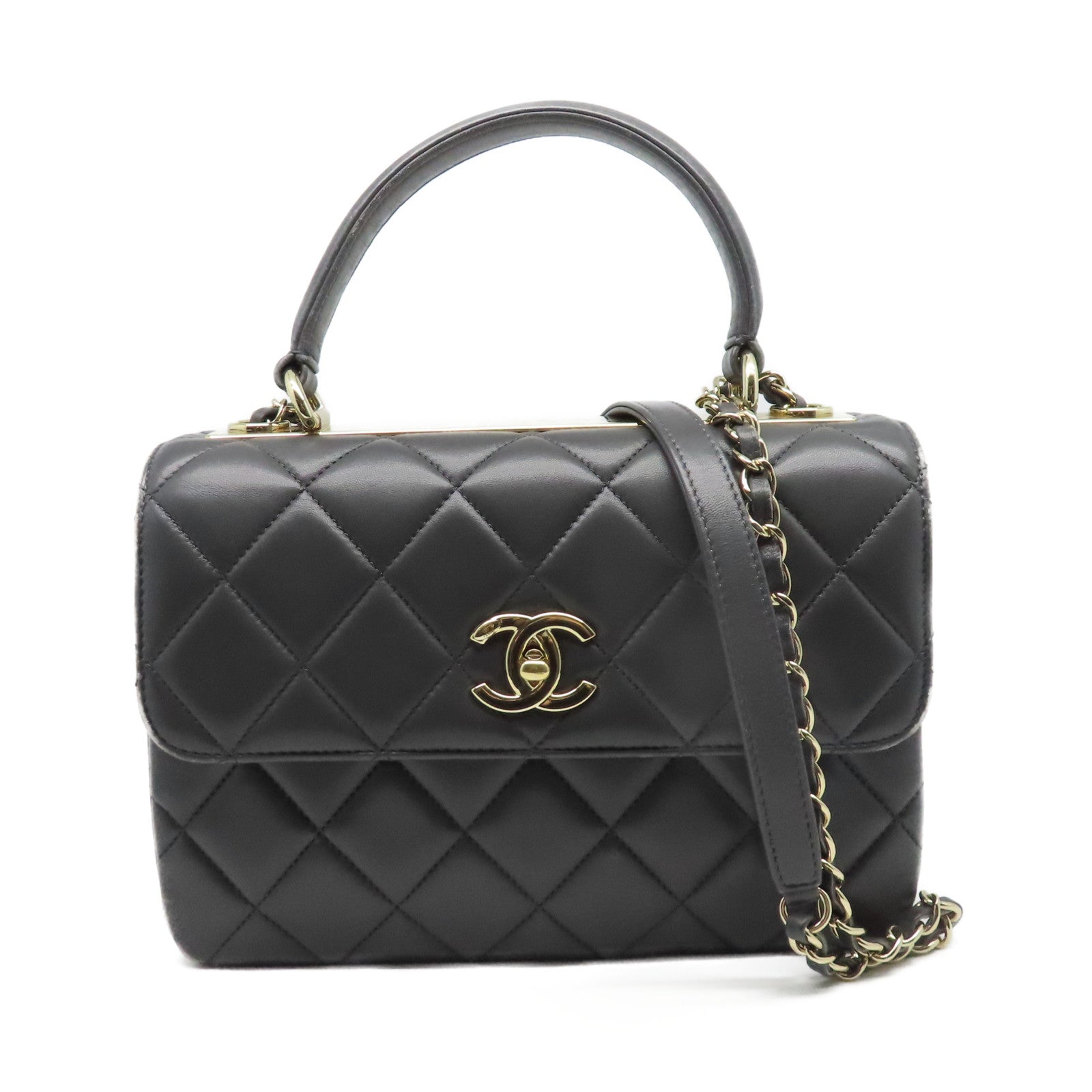 CHANEL 菱格羊皮皮革Top Handle Bag金扣肩背袋灰色