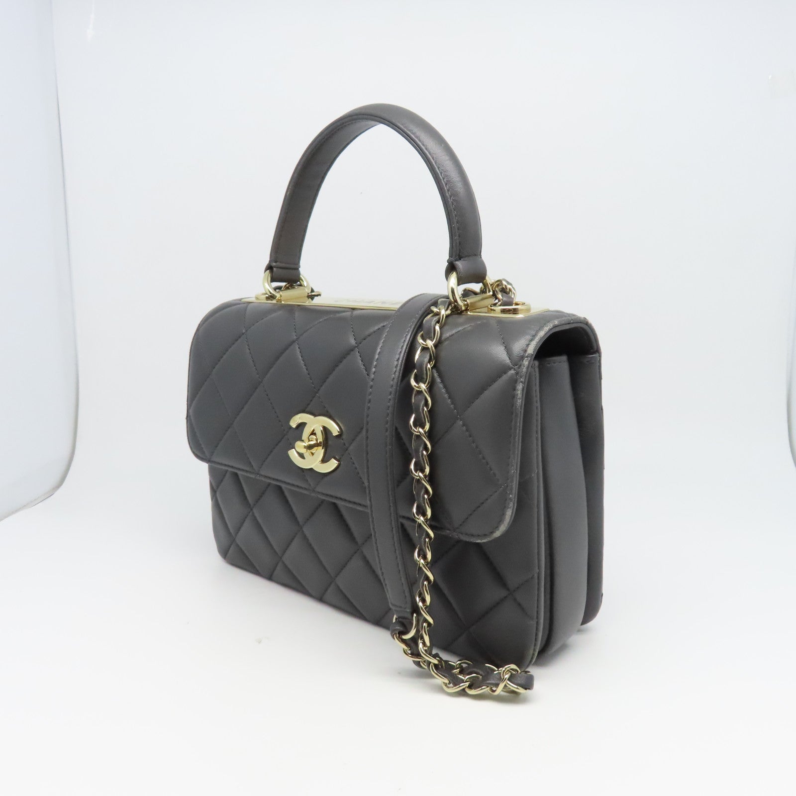 CHANEL 菱格羊皮皮革Top Handle Bag金扣肩背袋灰色