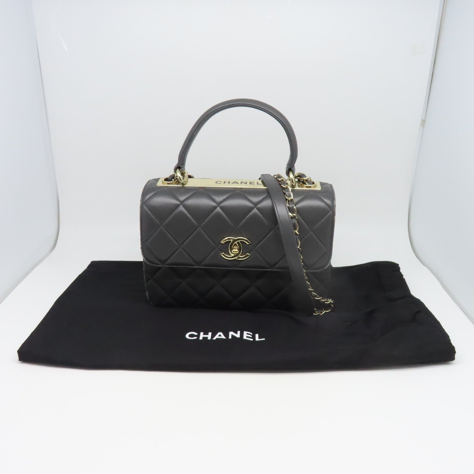 CHANEL 菱格羊皮皮革Top Handle Bag金扣肩背袋灰色