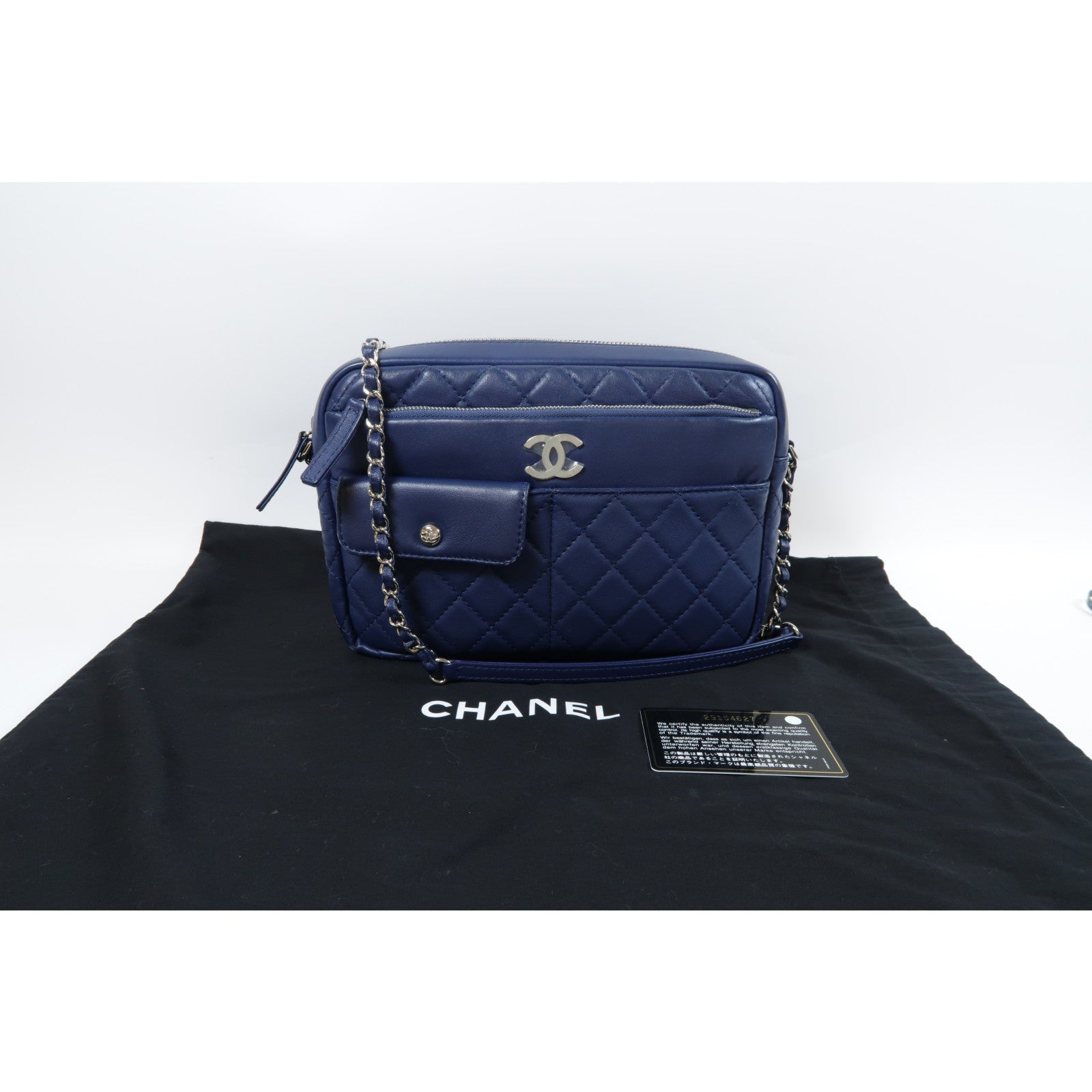 CHANEL 菱格羊皮皮革Chain Shoulder Bag銀扣鏈帶肩背袋藍色