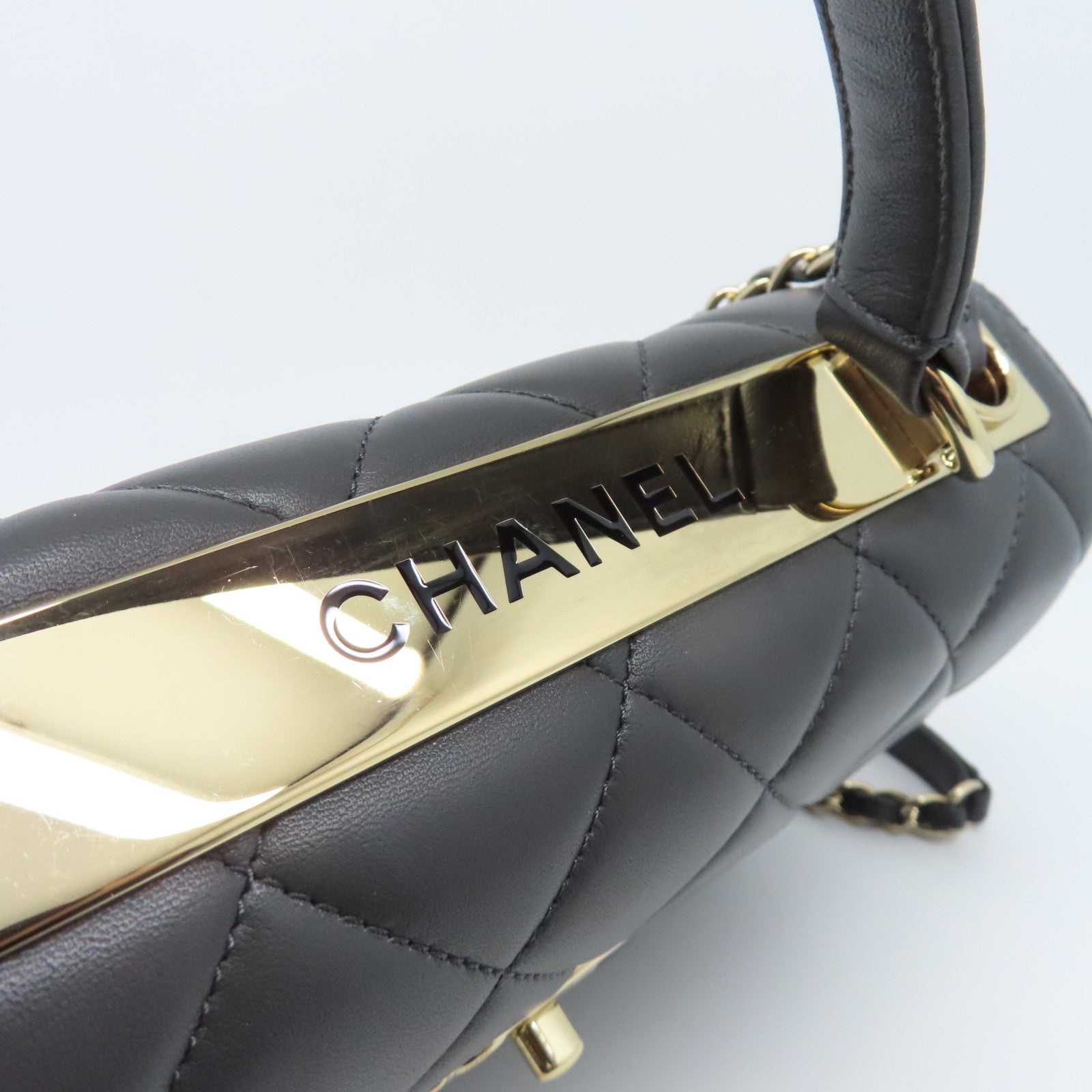 CHANEL 菱格羊皮皮革Top Handle Bag金扣肩背袋灰色
