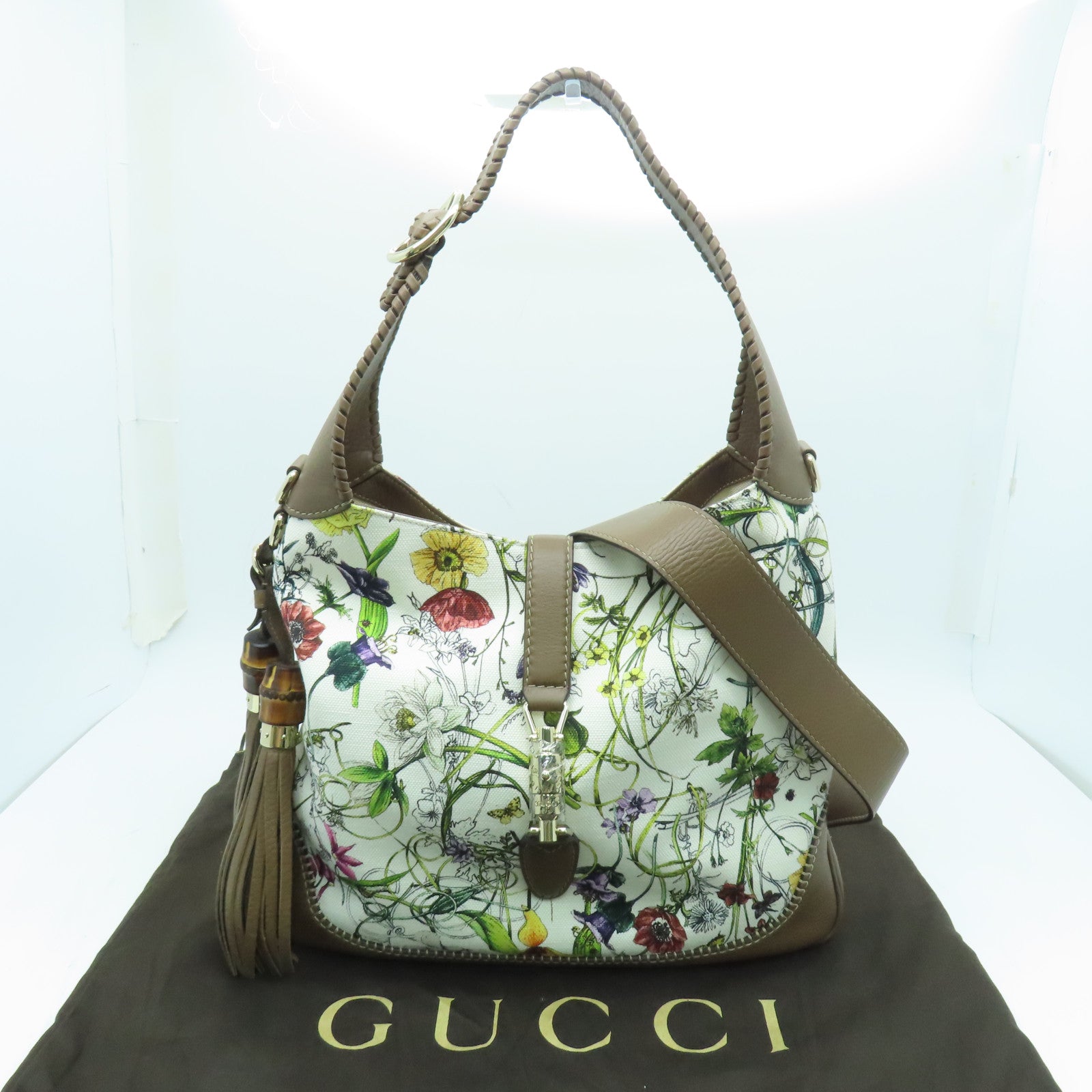 GUCCI 【激減優惠】帆布Jackie銀扣手挽肩背兩用袋啡色白色