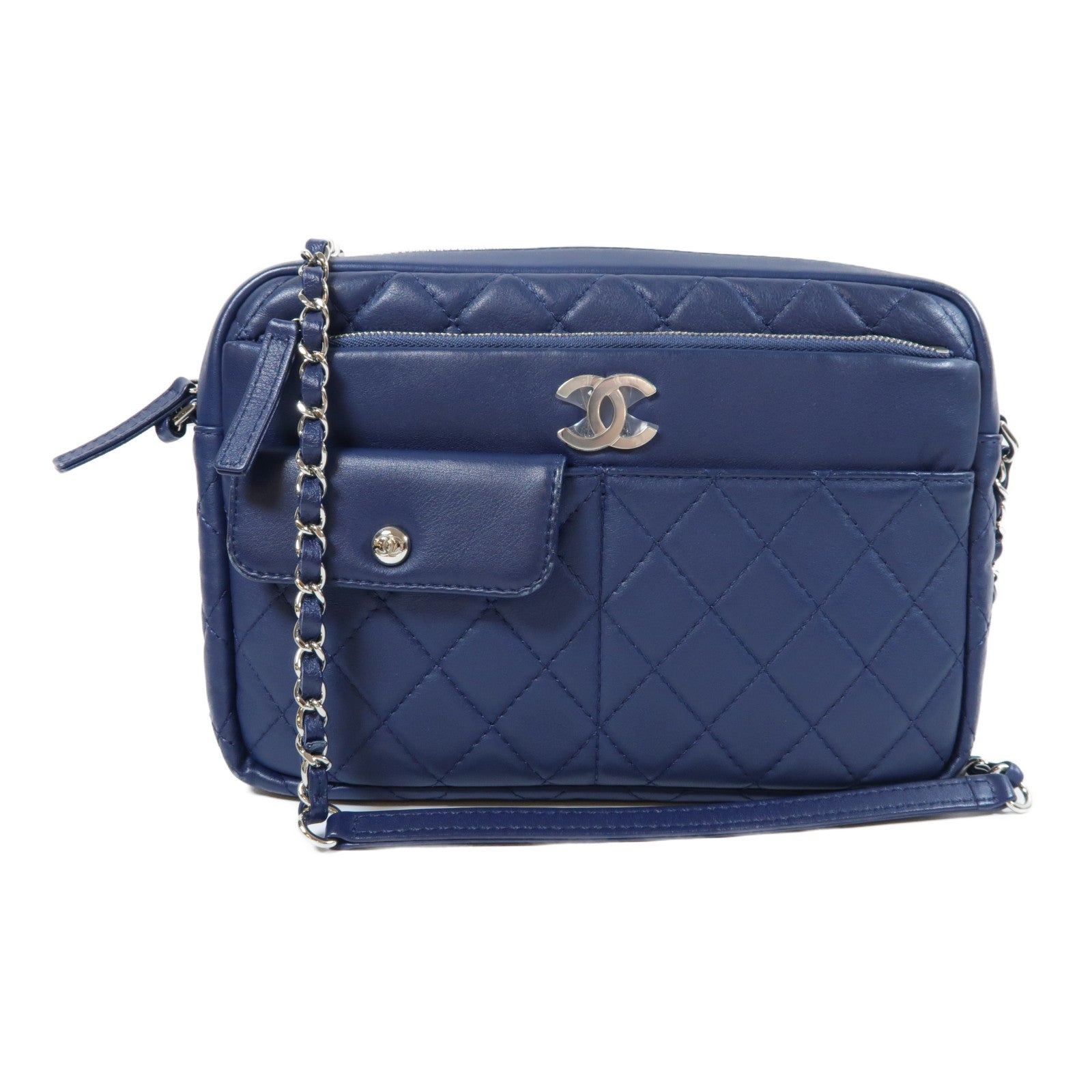 CHANEL 菱格羊皮皮革Chain Shoulder Bag銀扣鏈帶肩背袋藍色