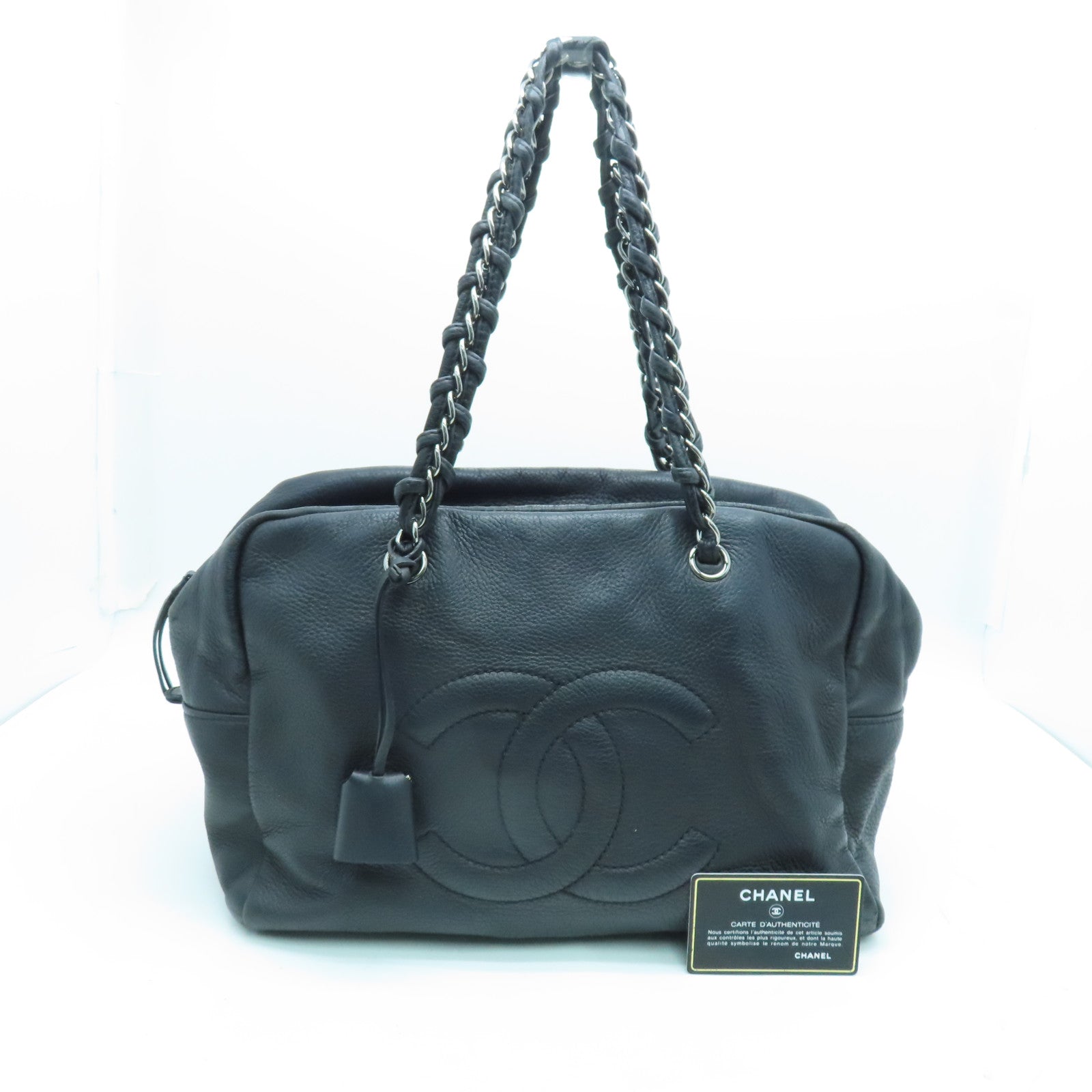 CHANEL 牛皮皮革Tote Bag銀扣手挽袋黑色