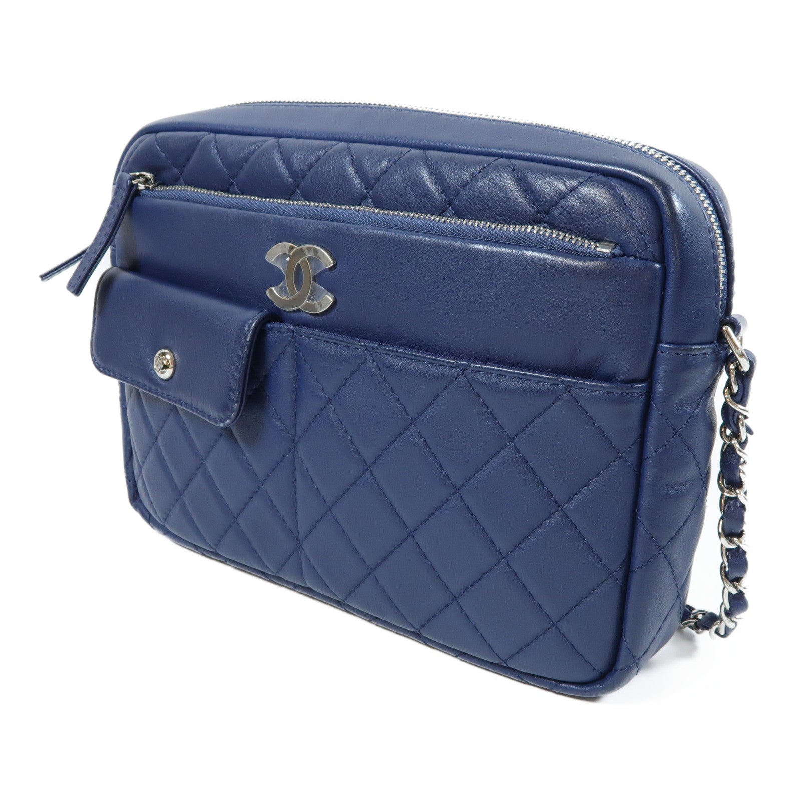 CHANEL 菱格羊皮皮革Chain Shoulder Bag銀扣鏈帶肩背袋藍色