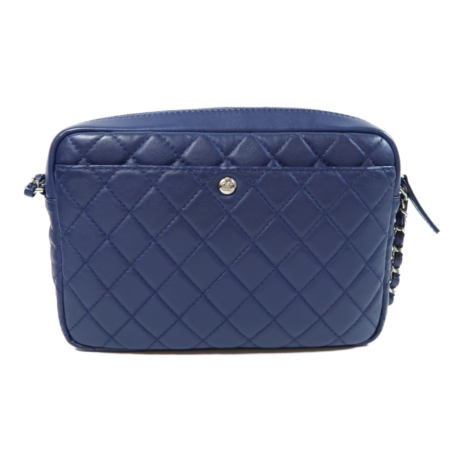 CHANEL 菱格羊皮皮革Chain Shoulder Bag銀扣鏈帶肩背袋藍色