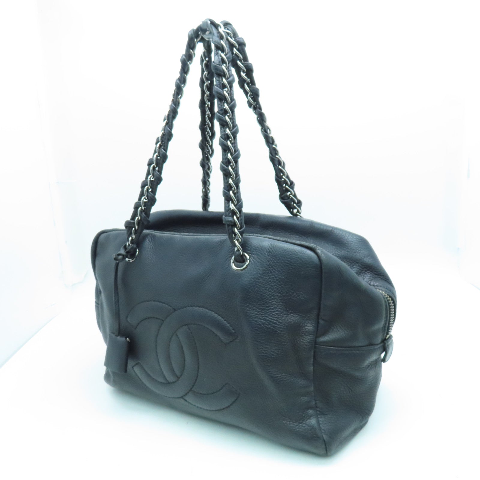 CHANEL 牛皮皮革Tote Bag銀扣手挽袋黑色