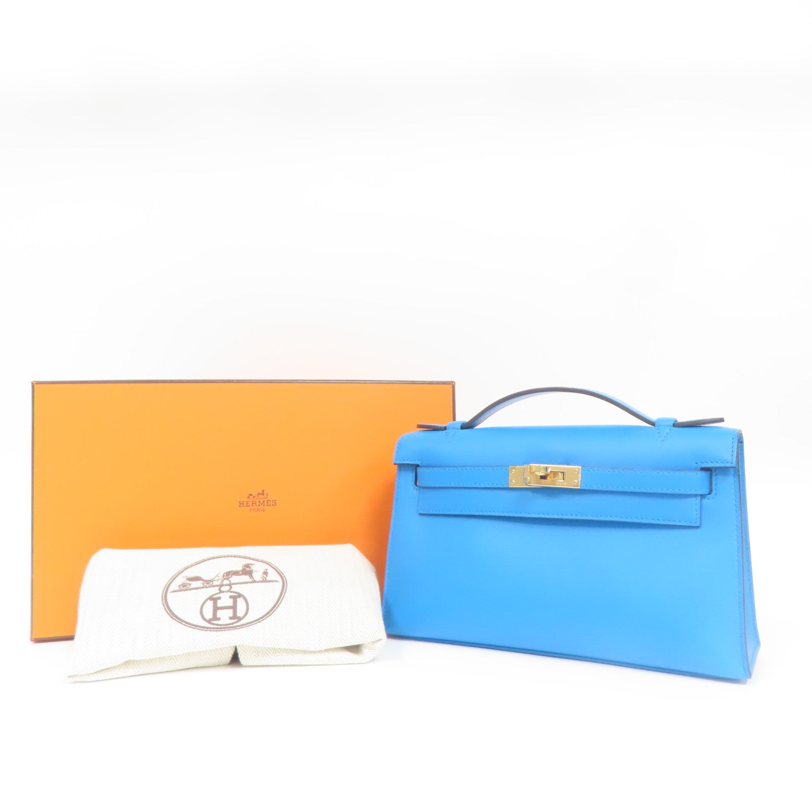 HERMES Veau Swift皮革Kelly Pochette金扣手挽袋藍色