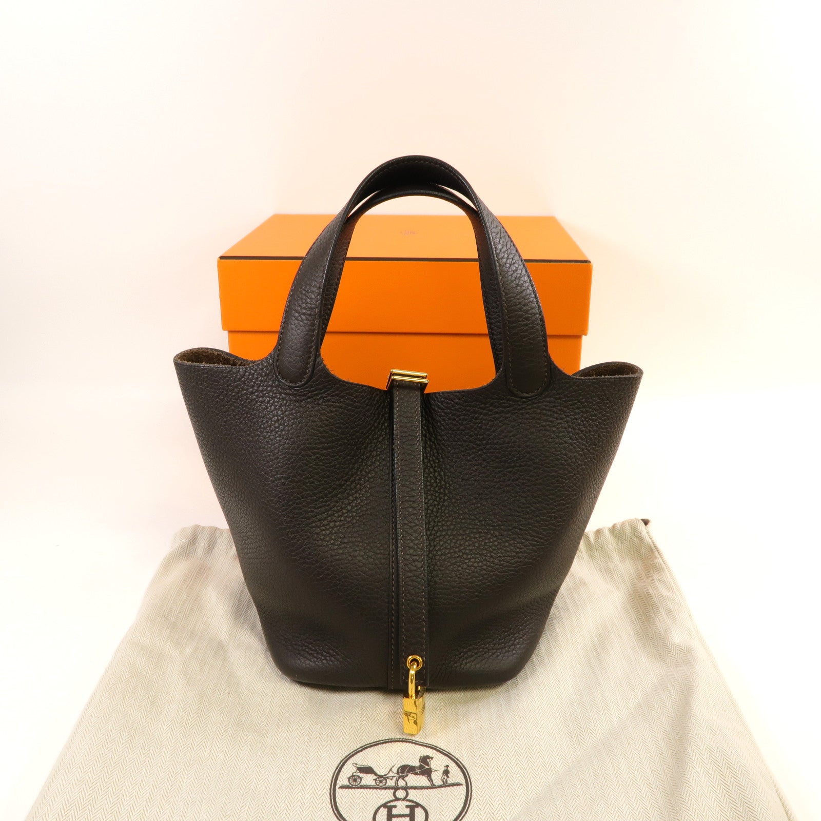 HERMES Clemence皮革Picotin PM金扣手挽袋啡色
