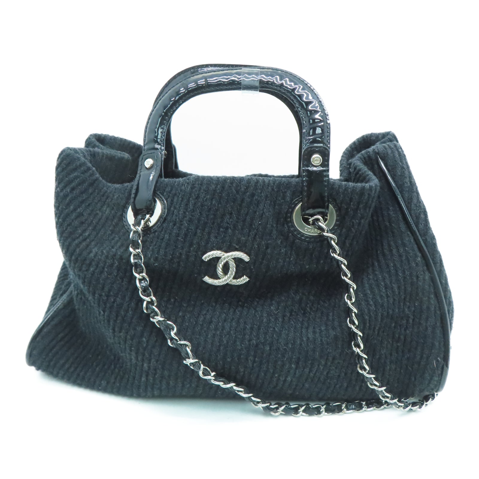 CHANEL 斜纹软呢Shoulder Bag银扣链带手挽肩背两用袋黑色