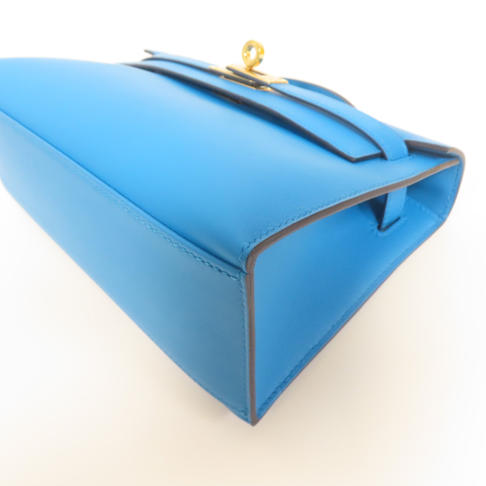 HERMES Veau Swift皮革Kelly Pochette金扣手挽袋藍色