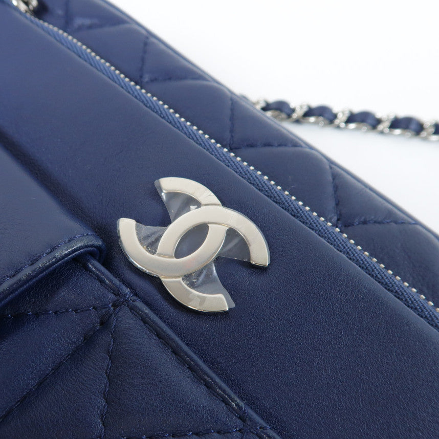 CHANEL 菱格羊皮皮革Chain Shoulder Bag銀扣鏈帶肩背袋藍色