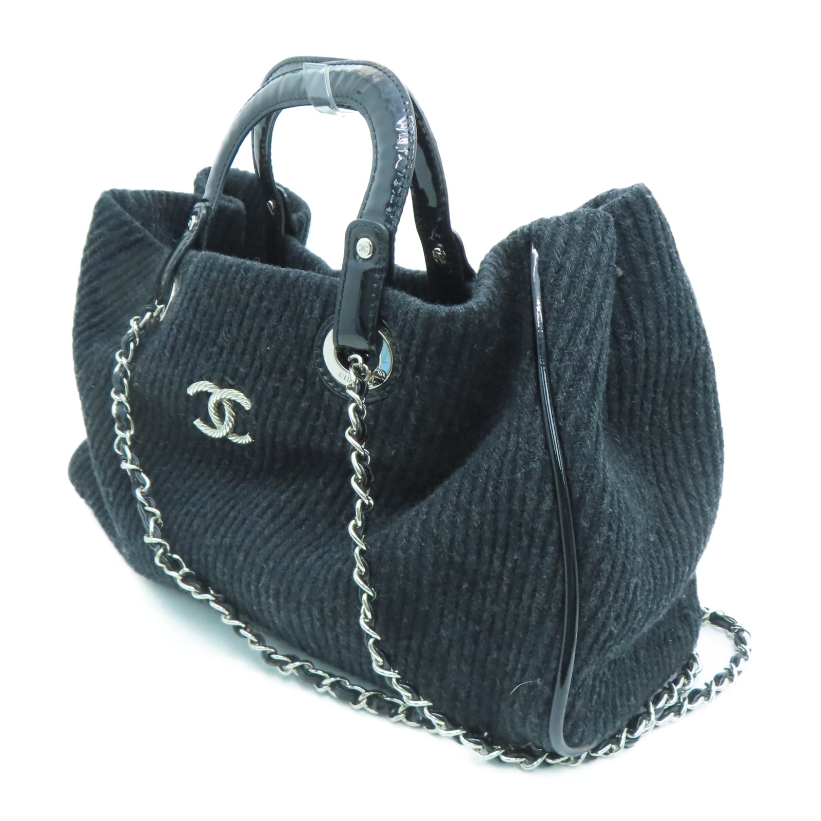 CHANEL 斜纹软呢Shoulder Bag银扣链带手挽肩背两用袋黑色