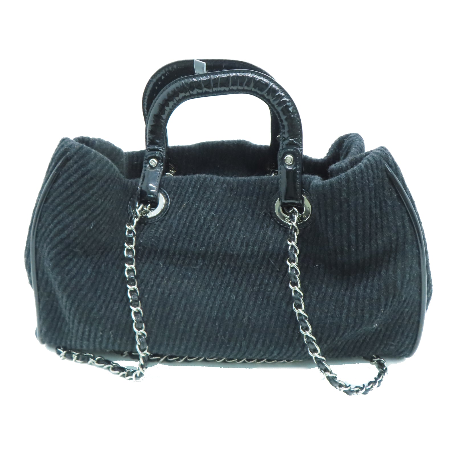 CHANEL 斜纹软呢Shoulder Bag银扣链带手挽肩背两用袋黑色