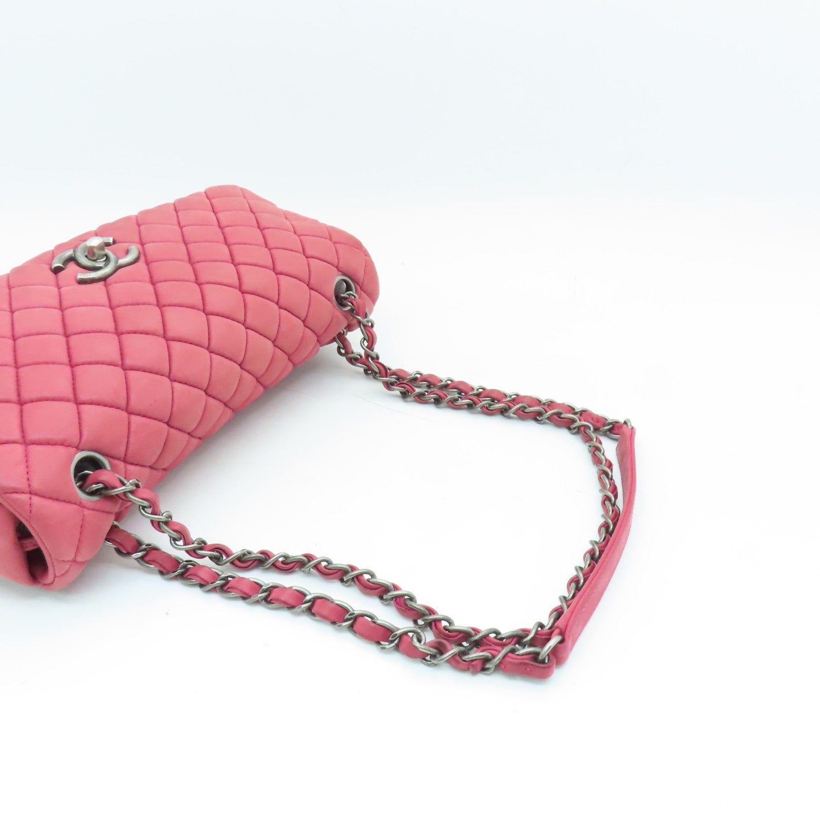 CHANEL 【激減優惠】菱格羊皮皮革Chain Shoulder Bag銀扣鏈帶肩背袋紅色