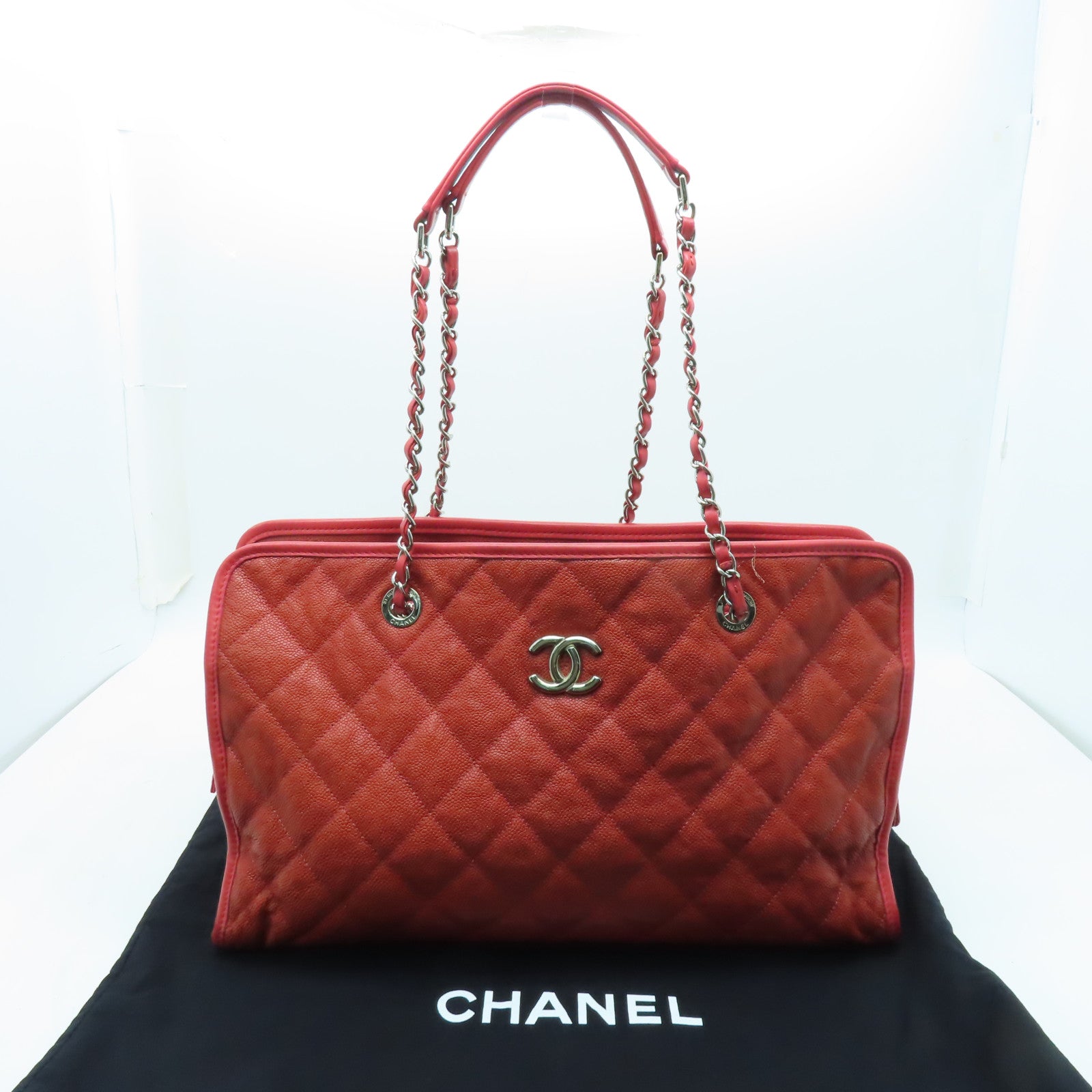 CHANEL 菱格Caviar皮革Chain Shoulder銀扣鏈帶肩背袋紅色