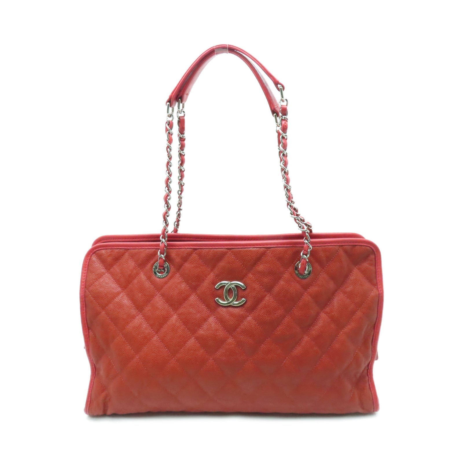 CHANEL 菱格Caviar皮革Chain Shoulder銀扣鏈帶肩背袋紅色