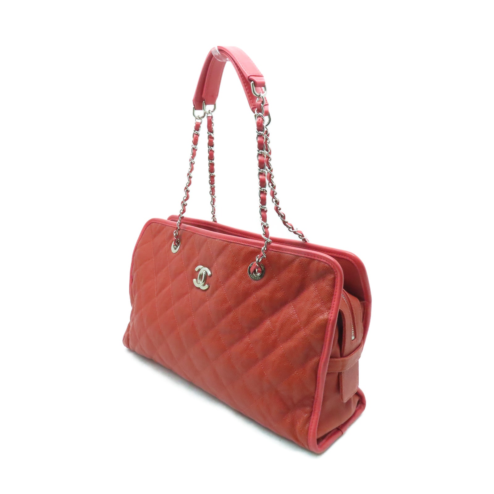 CHANEL 菱格Caviar皮革Chain Shoulder銀扣鏈帶肩背袋紅色