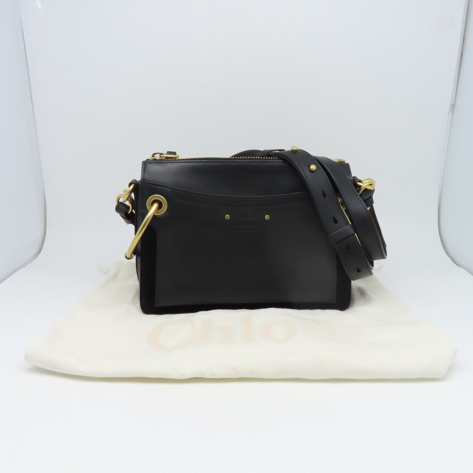 Chloe 牛皮皮革Roy Bag Single Size金扣肩背袋黑色