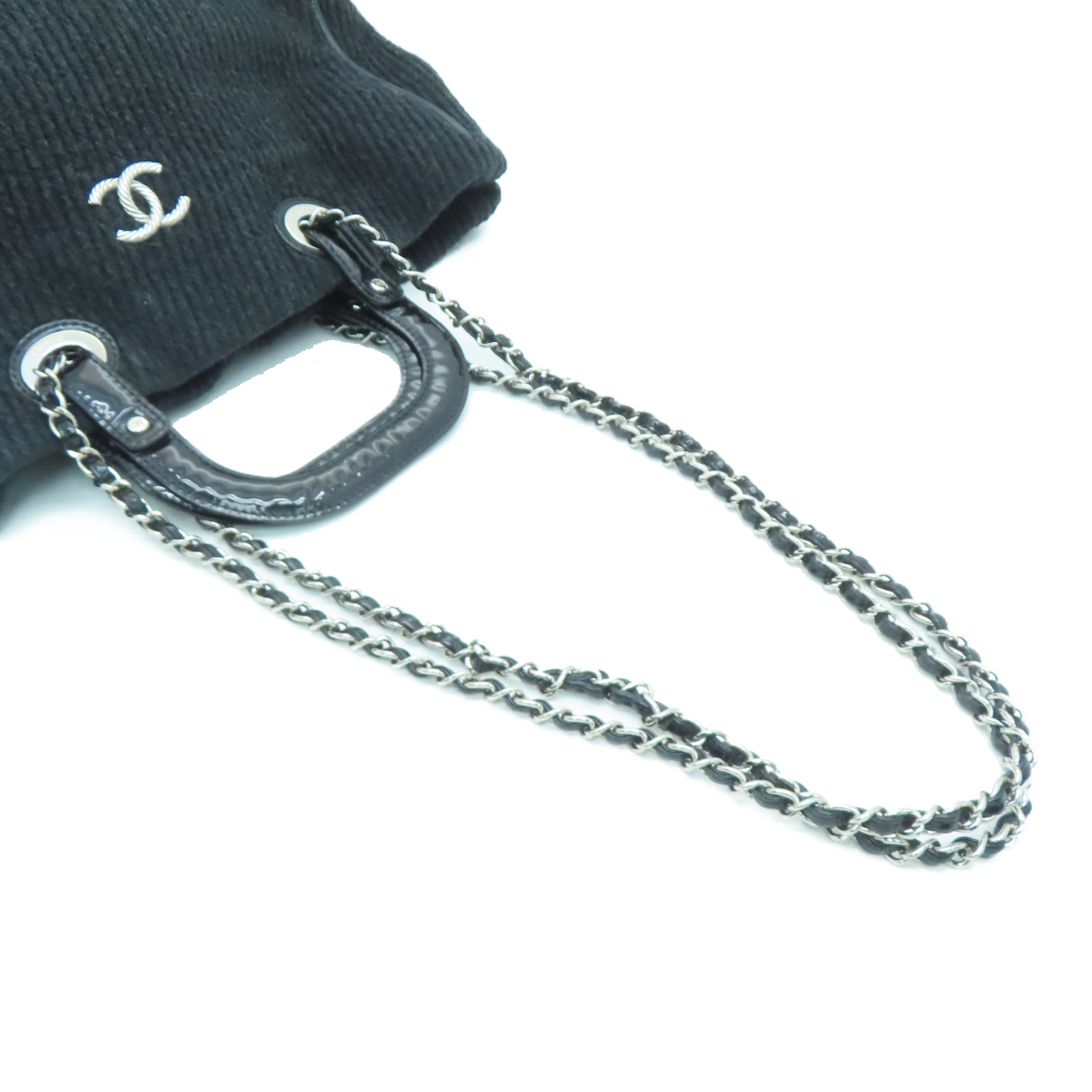 CHANEL 斜纹软呢Shoulder Bag银扣链带手挽肩背两用袋黑色