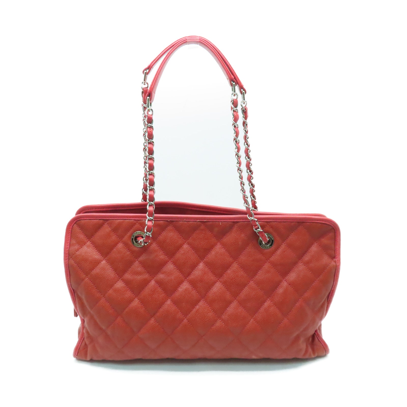 CHANEL 菱格Caviar皮革Chain Shoulder銀扣鏈帶肩背袋紅色