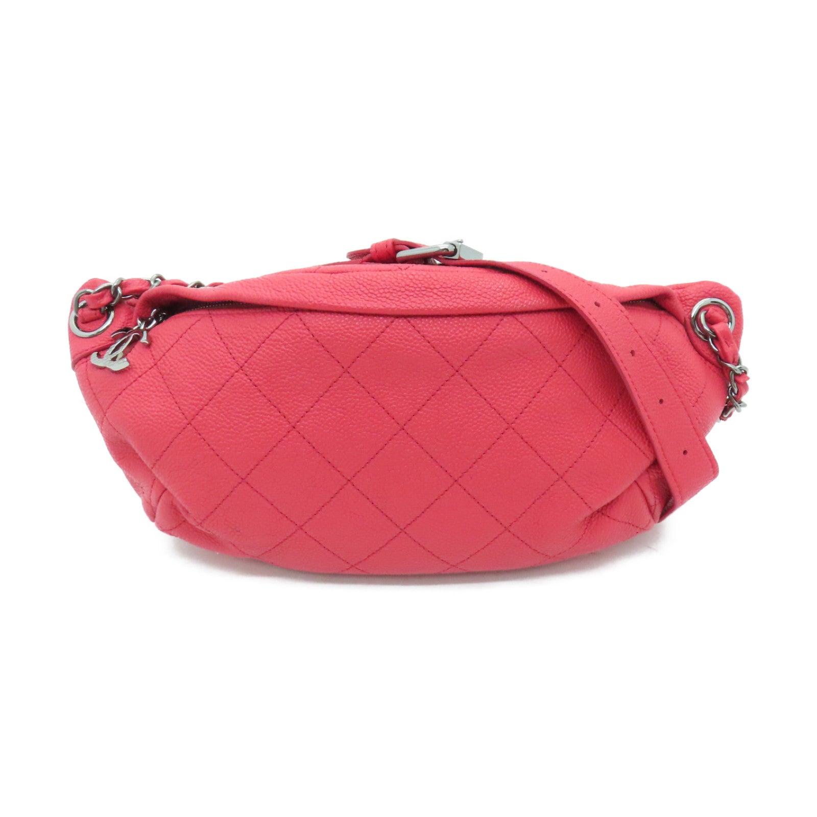 CHANEL 菱格牛皮皮革Waist Bag銀扣腰包紅色