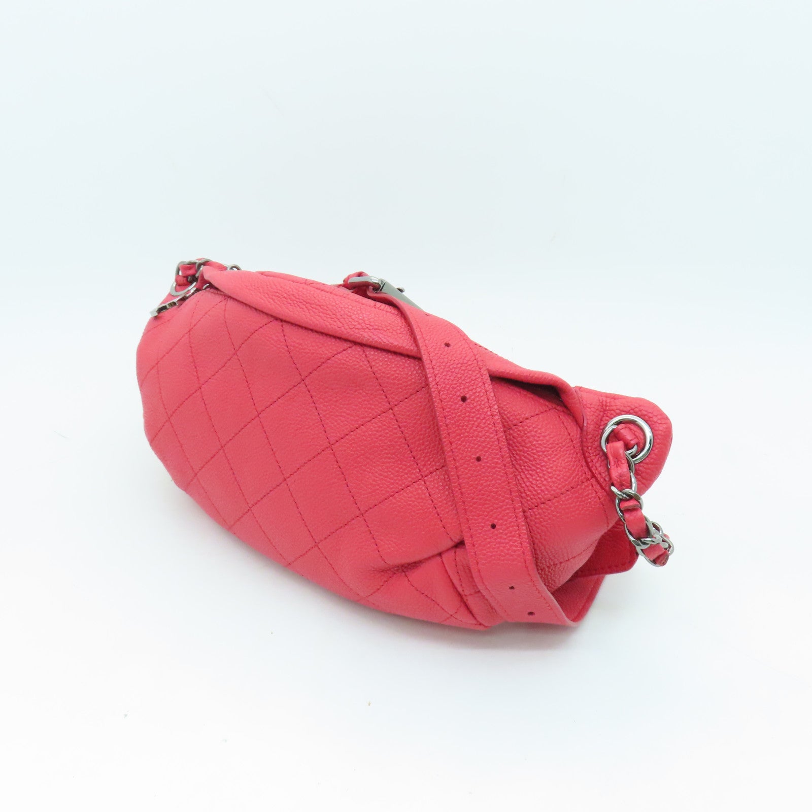 CHANEL 菱格牛皮皮革Waist Bag銀扣腰包紅色