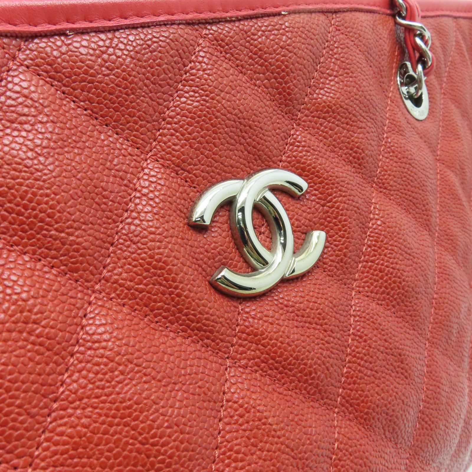 CHANEL 菱格Caviar皮革Chain Shoulder銀扣鏈帶肩背袋紅色