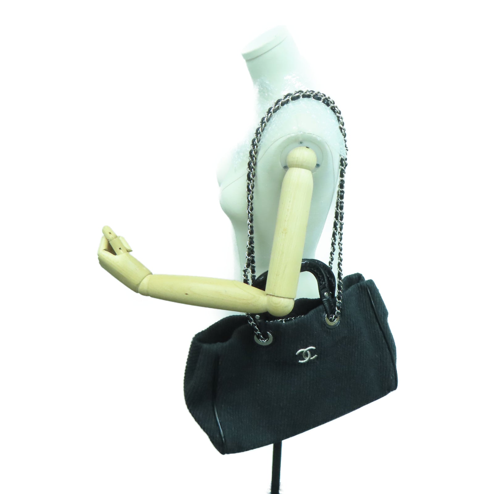 CHANEL 斜纹软呢Shoulder Bag银扣链带手挽肩背两用袋黑色