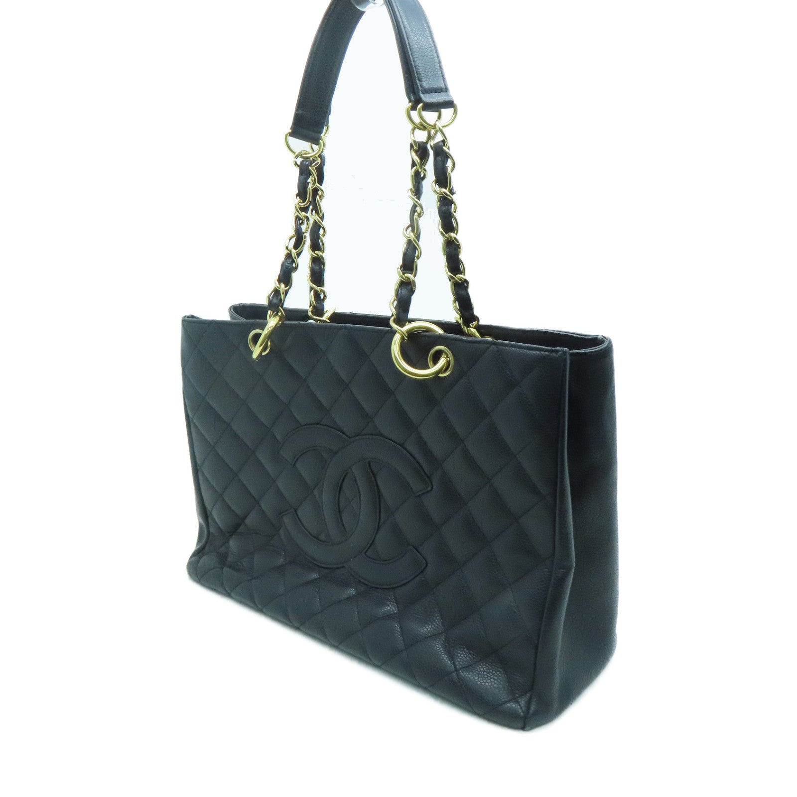 CHANEL 菱格Caviar皮革GST金扣鏈帶肩背袋黑色